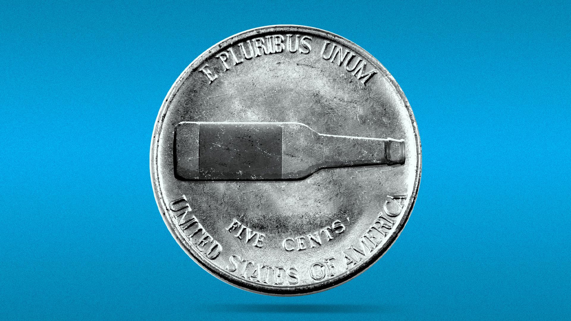Illustration of a nickel with a beer bottle on the back instead of Monticello.