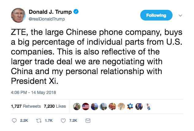 Trump tweets details on ZTE deal with China