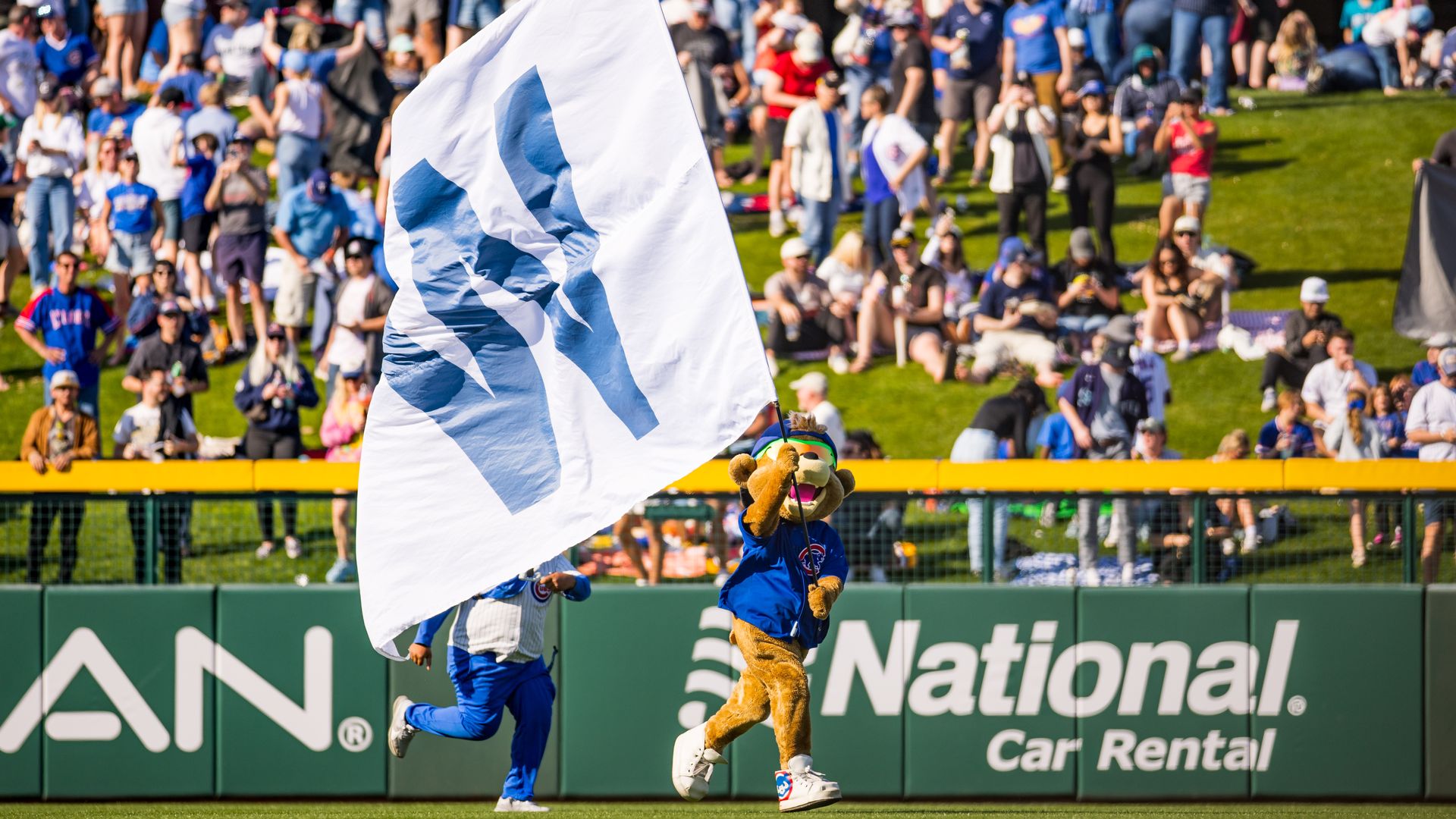 A mascot carrying a giant "W" flag.