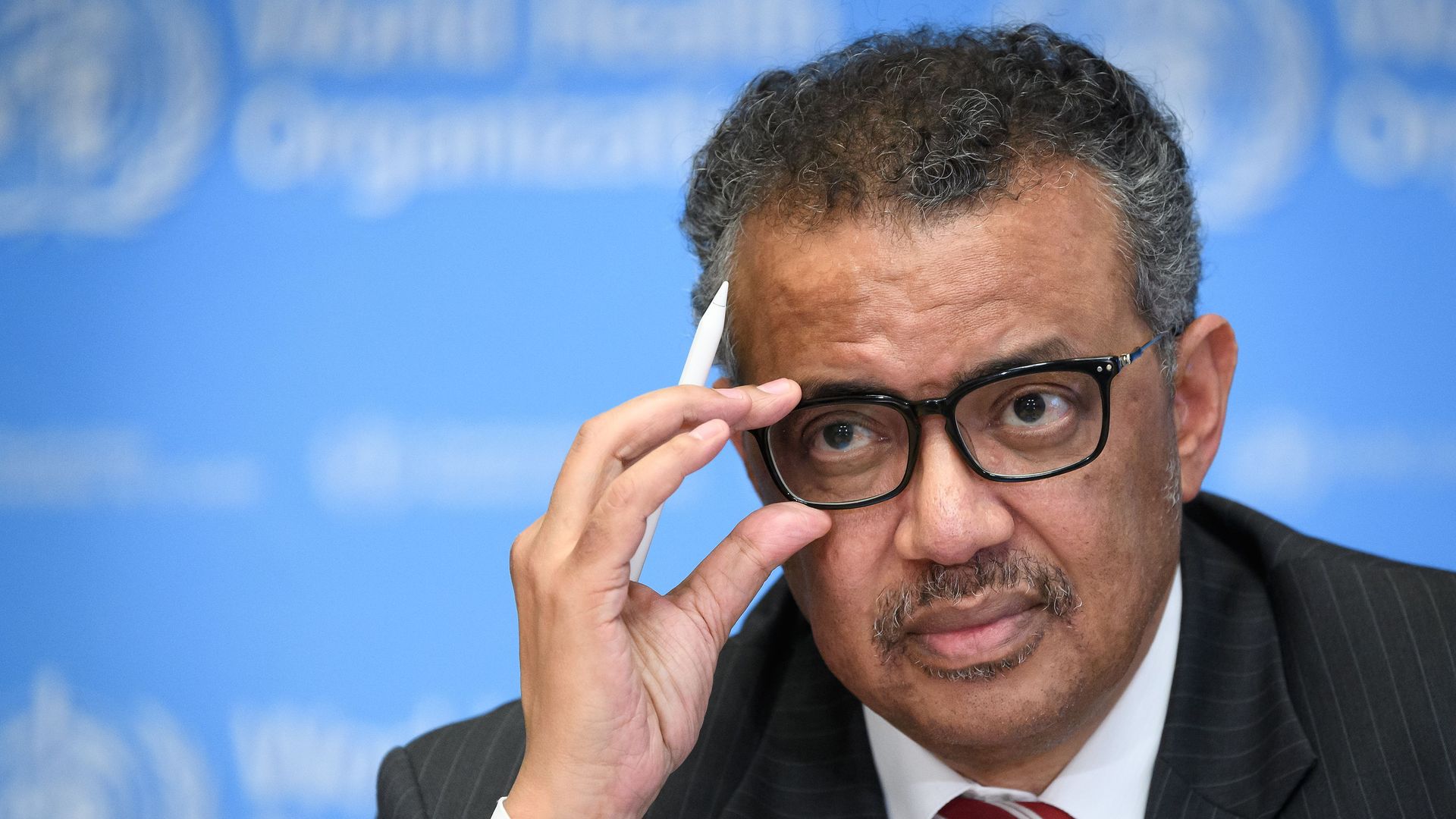 World Health Organization (WHO) Director-General Tedros Adhanom Ghebreyesus attending a press briefing on COVID-19 at the WHO headquarters in Geneva.