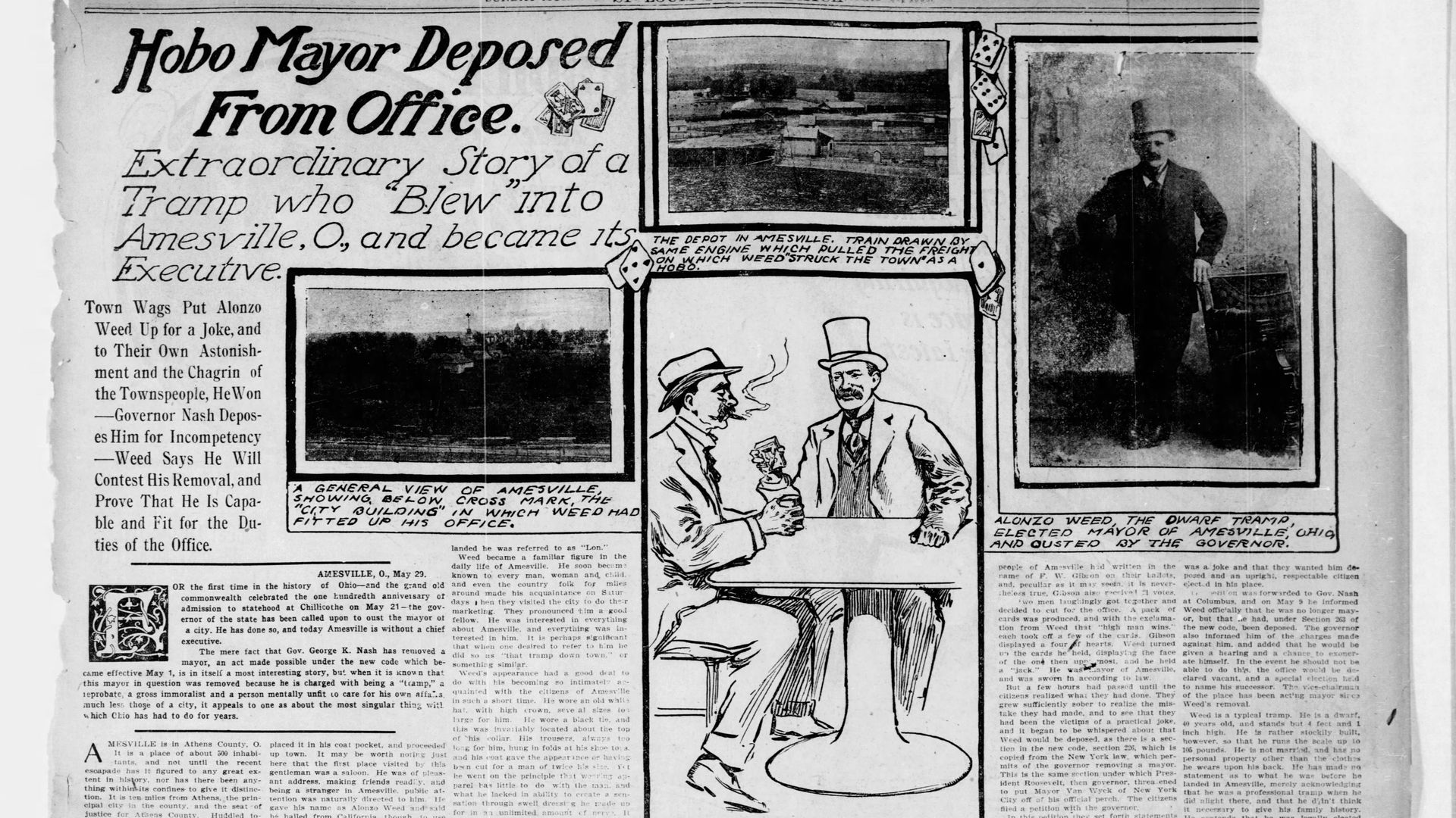 Newspaper clipping from 1903 about Amesville Mayor Alonzo Weed. A headline reads, "Hobo Mayor Deposed From Office."