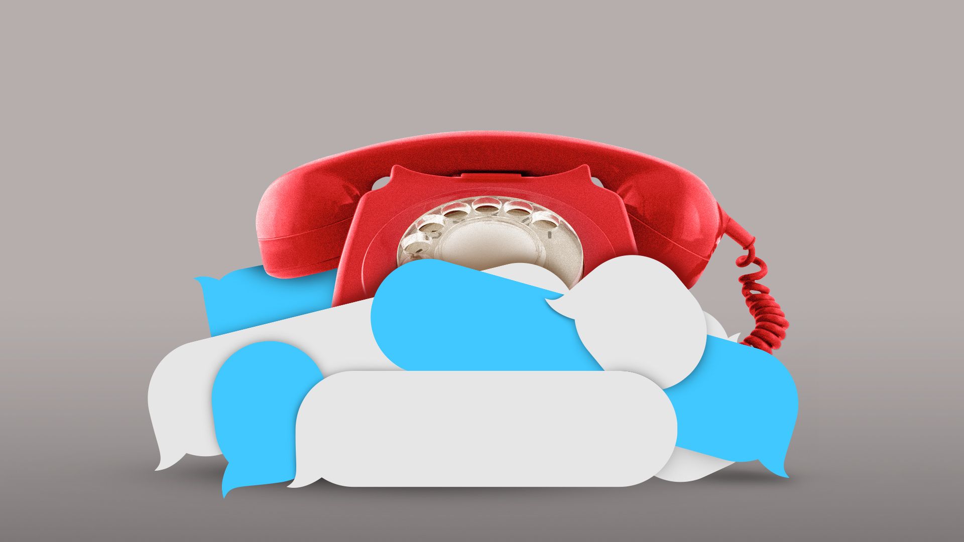 Illustration of a red hotline phone being buried under text messages. 