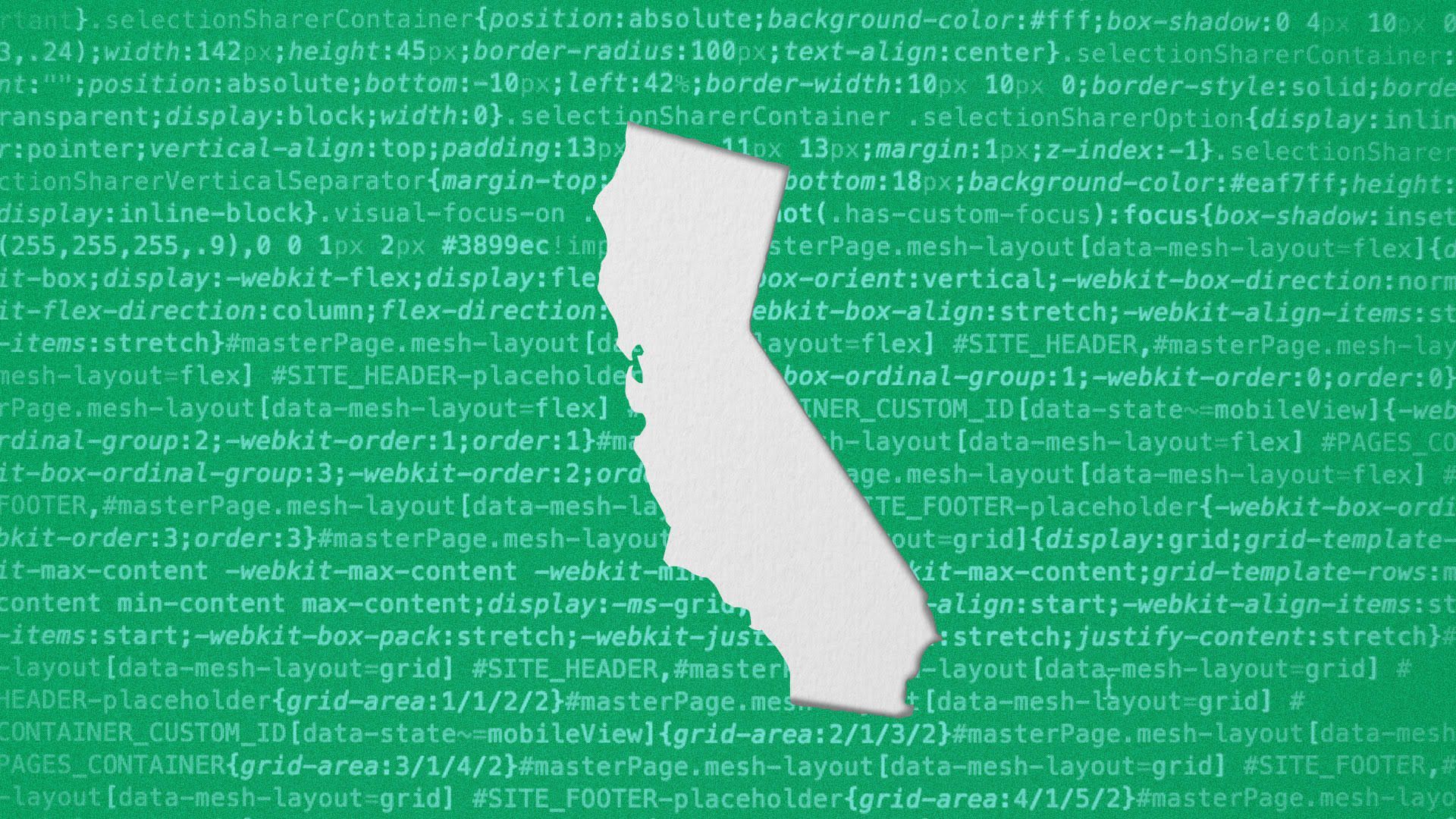 An illustration of a map outline of California set against a green screen background of code