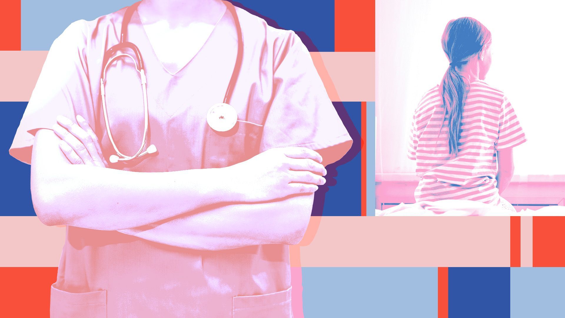 Illustrated college of a doctor with arms crossed next to a photo of child from behind surrounded by shapes and colors of the Trans flag