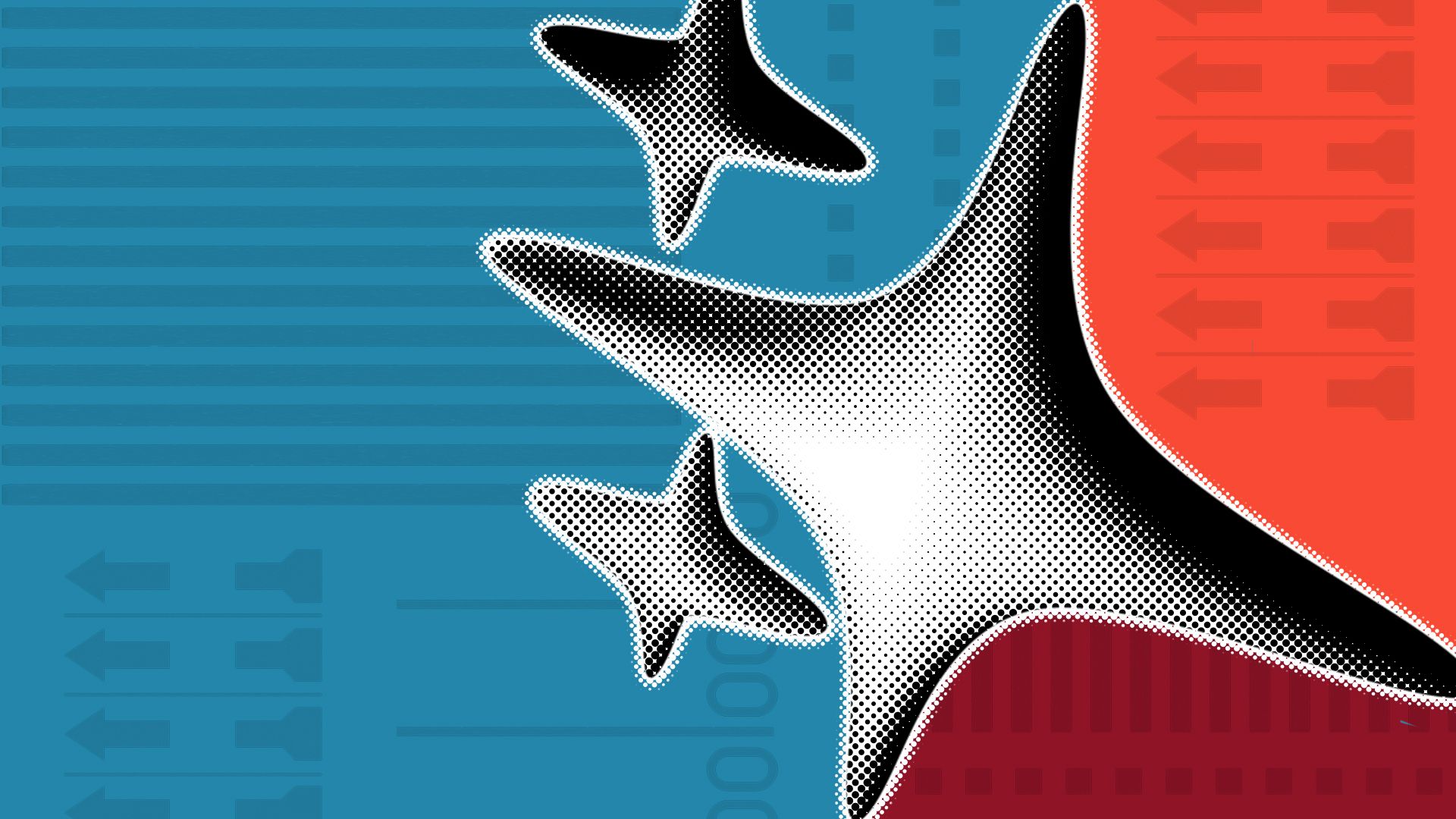 Illustration of a collage featuring a sparkle emoji above a divided red, blue and maroon background with a pattern of ballot elements.