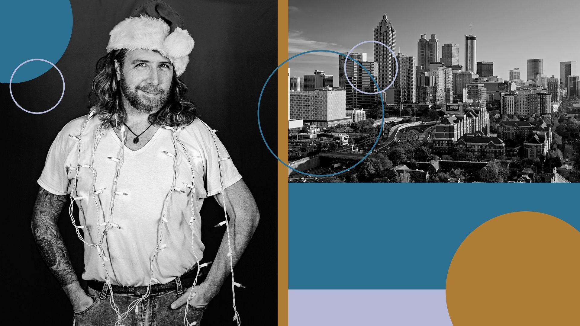 Photo illustration of Topher Payne shown with the Atlanta skyline.