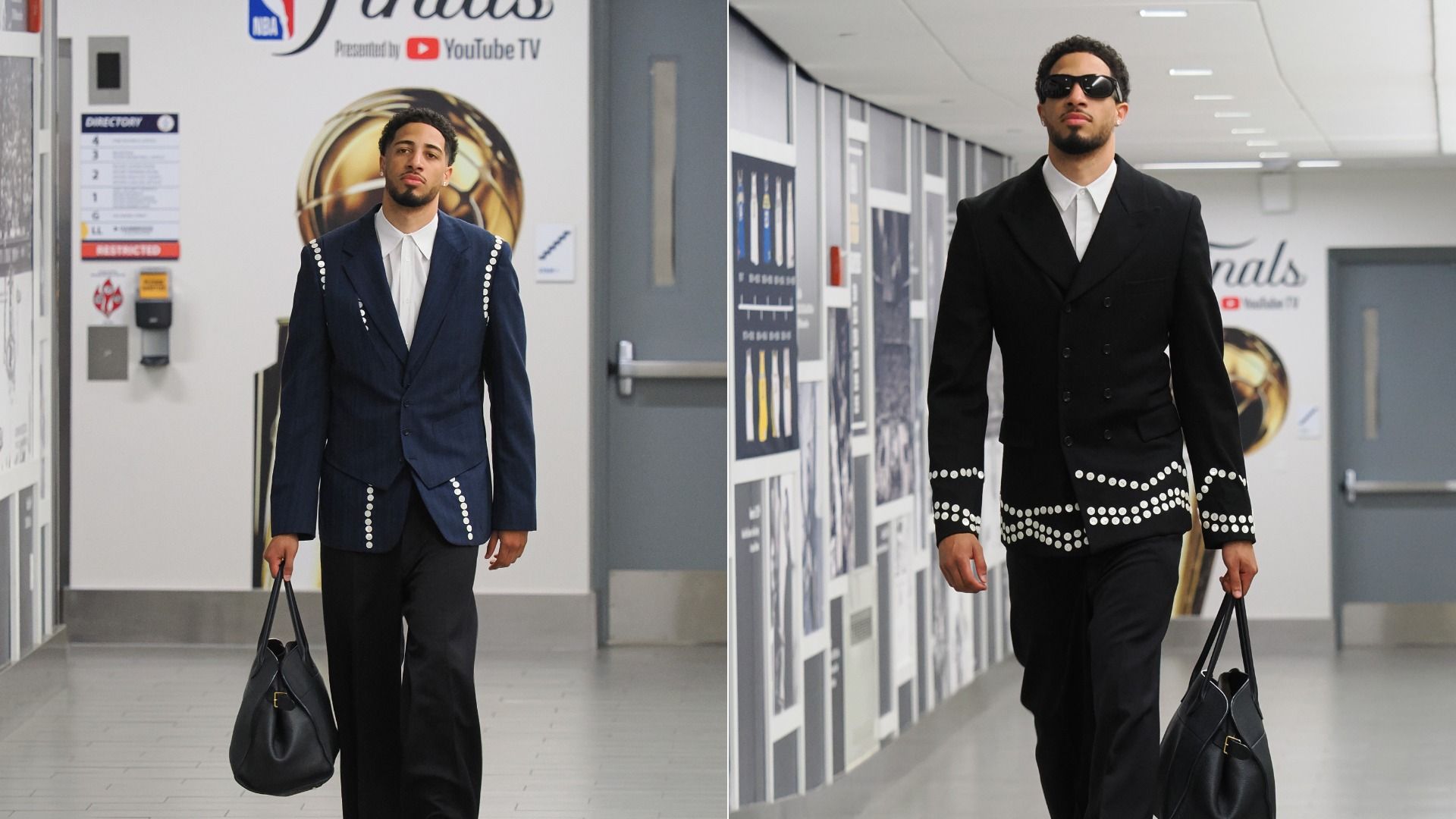 Side by side photos of a man in suits