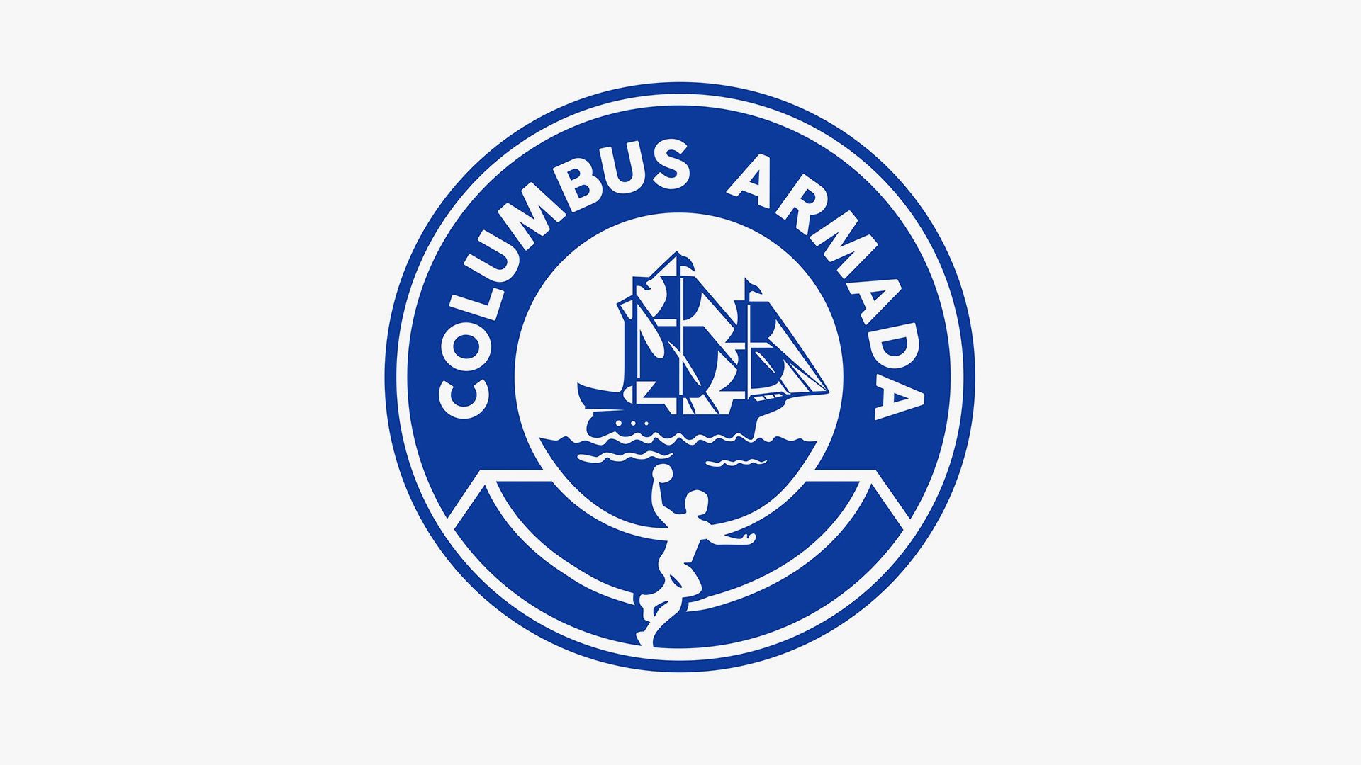 Le logo du club de handball Columbus Armada, avec un navire et le contour d'un joueur lançant une balle.
