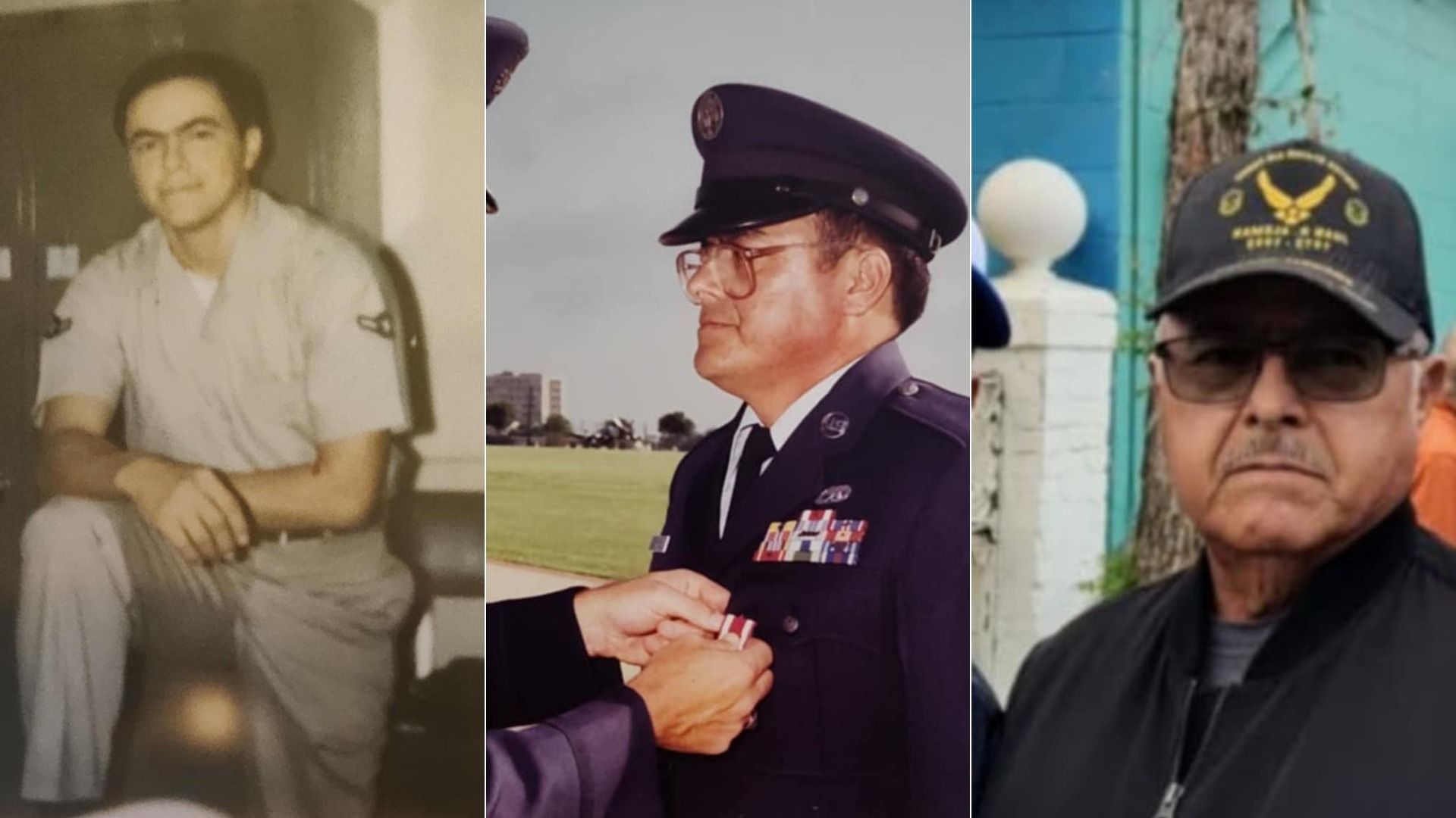 Side-by-side photos of Latino Air Force veteran Juan Aleman: in uniform as a young airman, receiving a medal during his service, and in a cap and jacket in his later years.