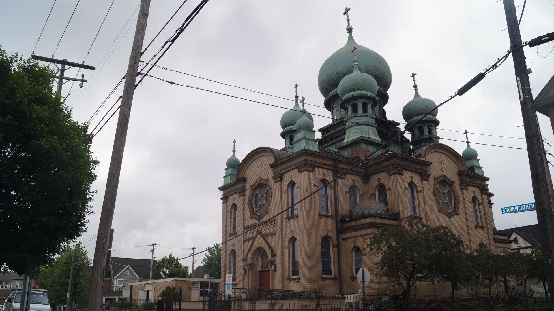 Image of St. Theodosius Russian Orthodox Church in Cleveland with overcast skies in background