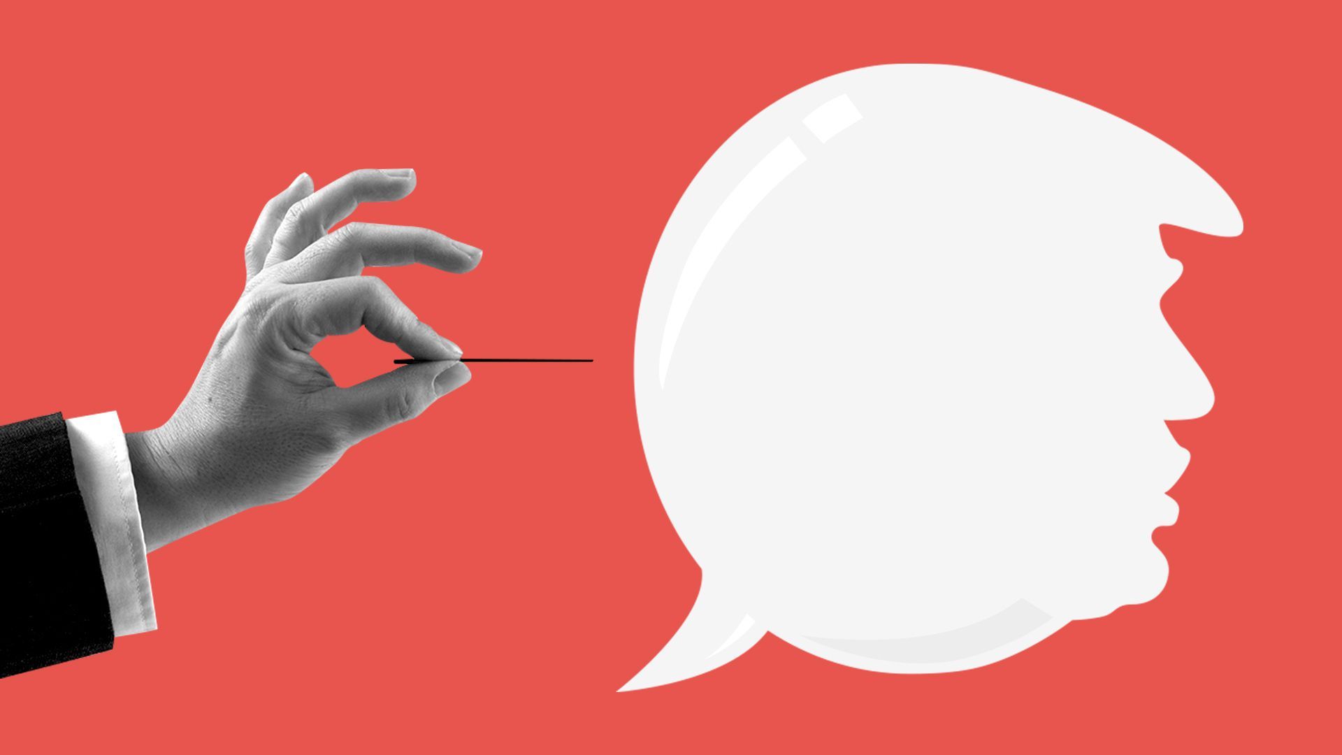 Illustration of a hand with a needle about to pop a speech bubble in the shape of Donald Trump's head.