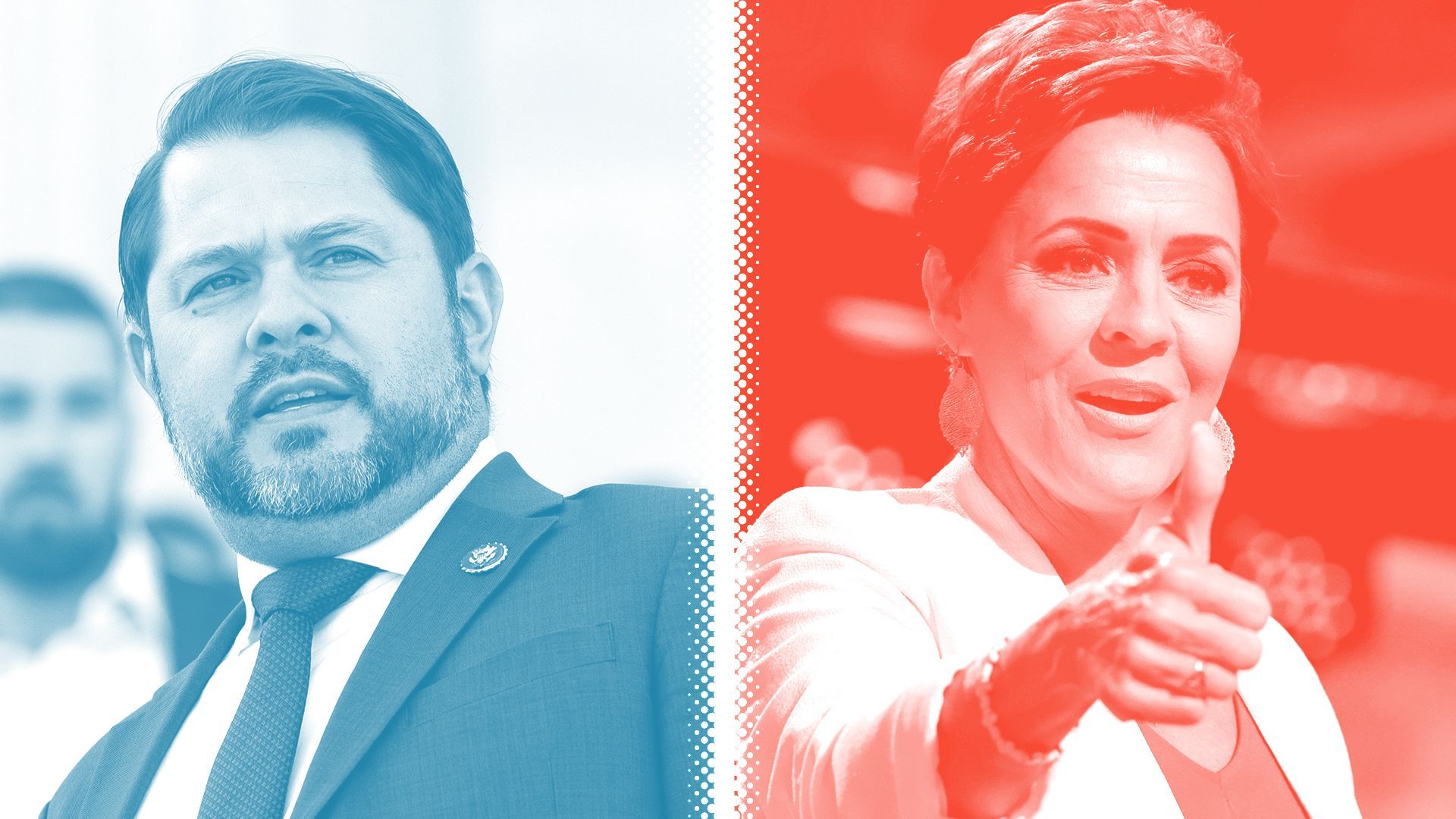 Photo illustration of Ruben Gallego and Kari Lake.