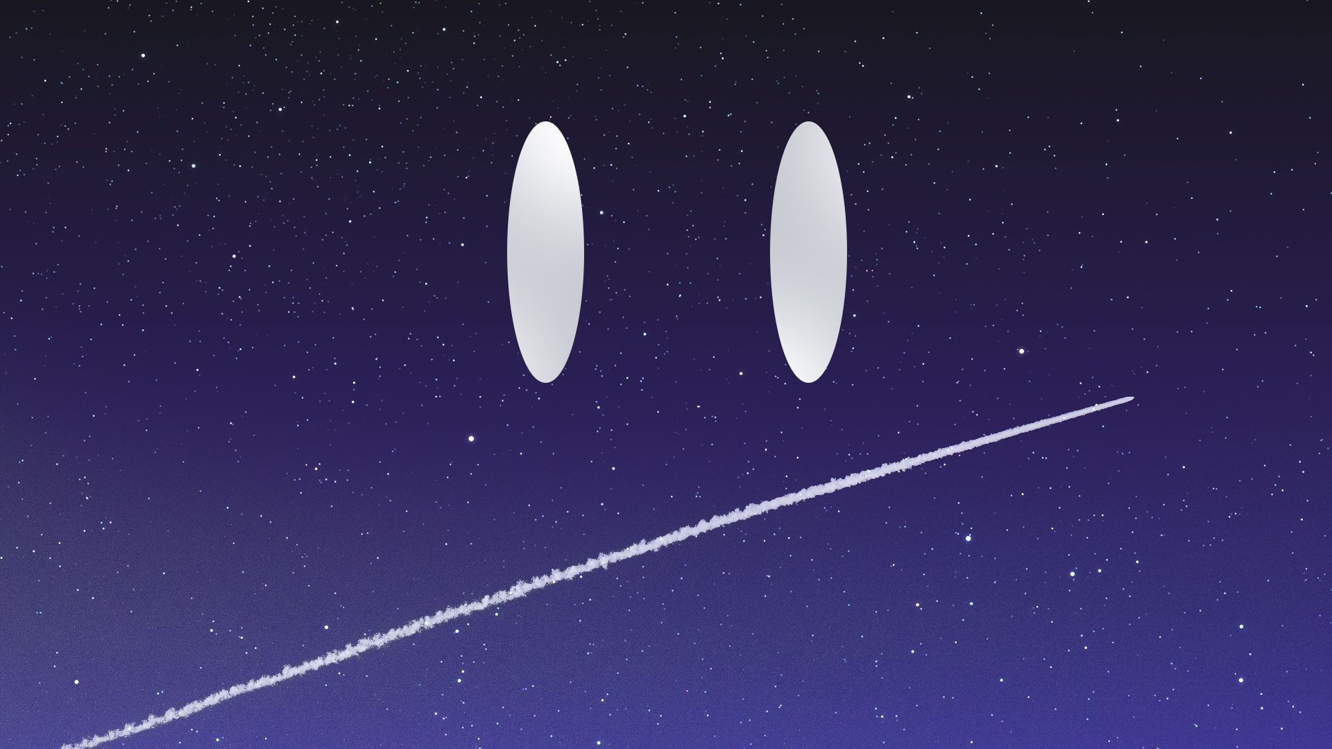 Illustration of an unsure face with two eyes in the night sky and the mouth being formed by a rocket's trailing smoke.