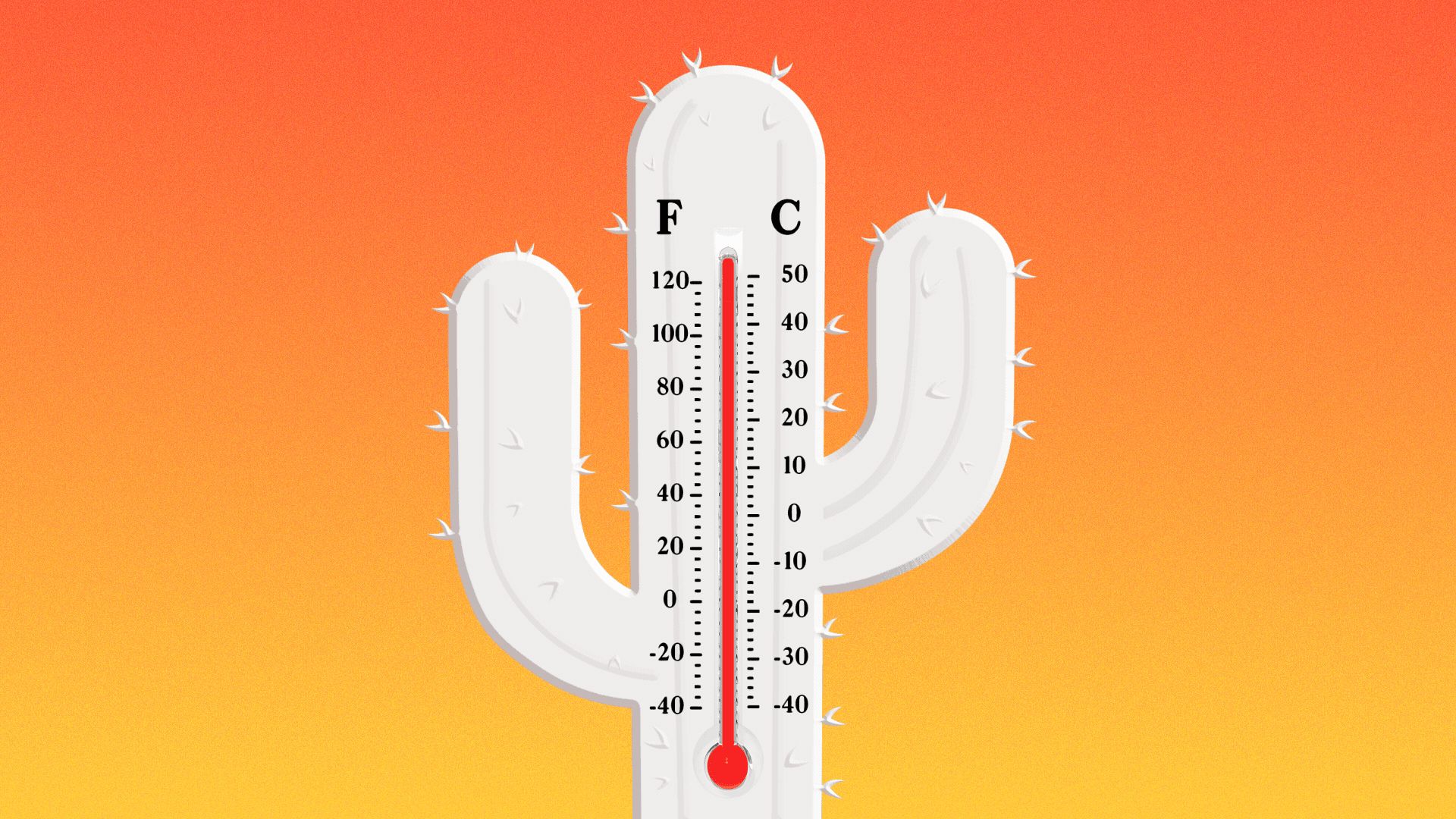 Illustration of a thermometer in the shape of cactus reading 120+ degrees. 