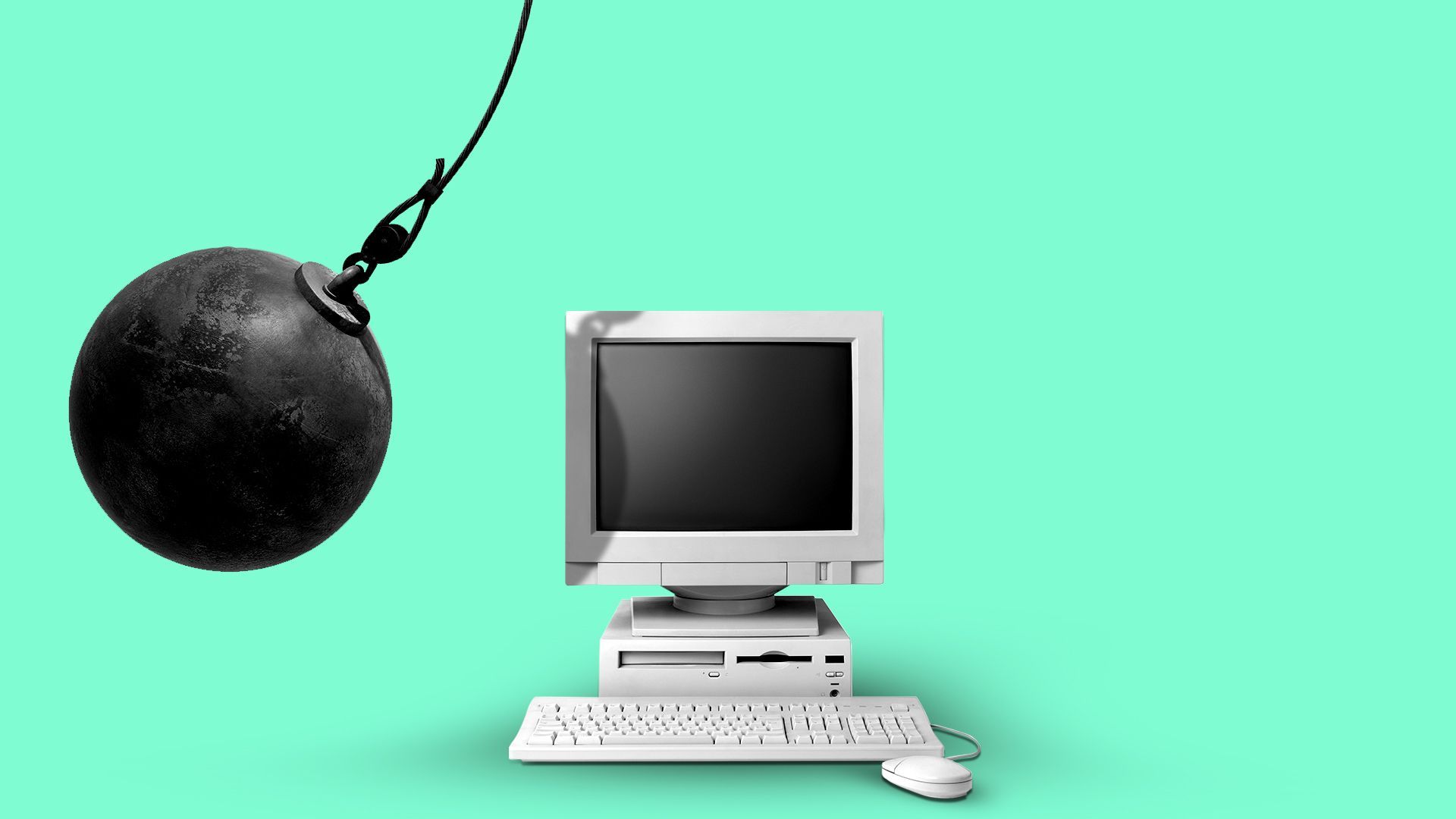 Illustration of a wrecking ball about to hit a computer. 