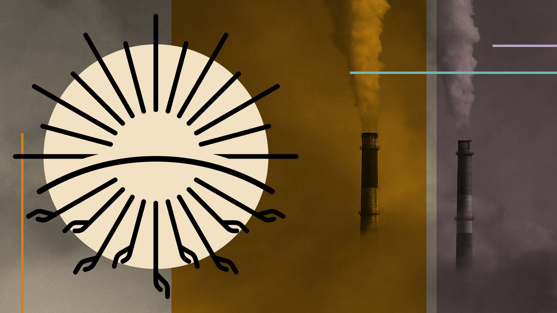 Illustration of the COP27 logo next to smoke stacks and abstract shapes. 