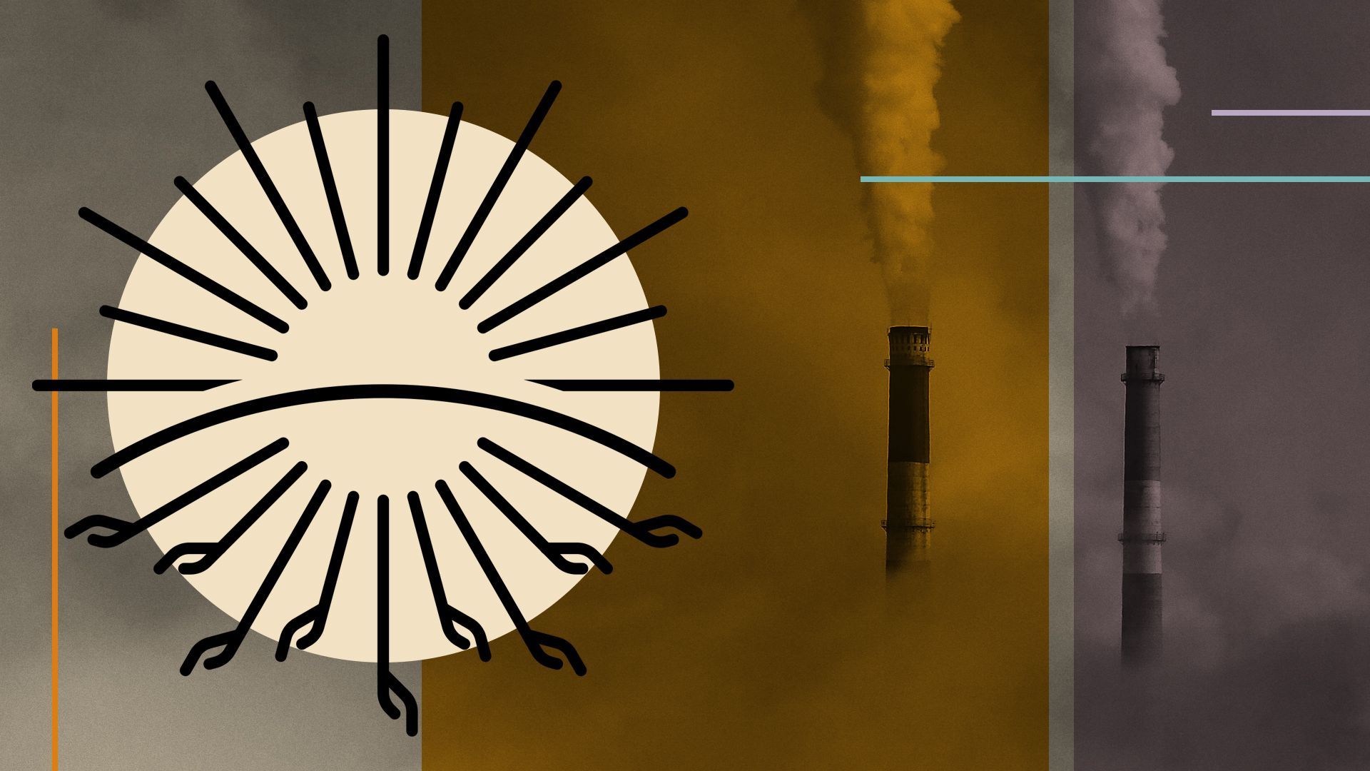 Illustration of the COP27 logo next to smoke stacks and abstract shapes.