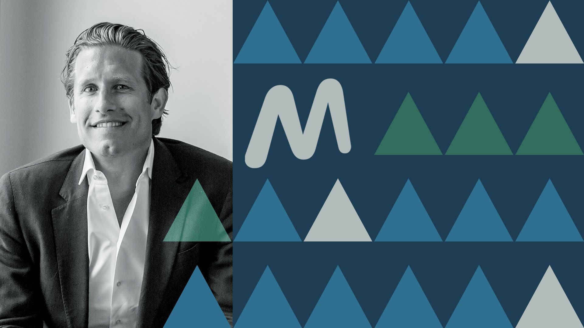 Photo illustration of Nicolas Eglau surrounded by abstract shapes and the Moonbug logo.