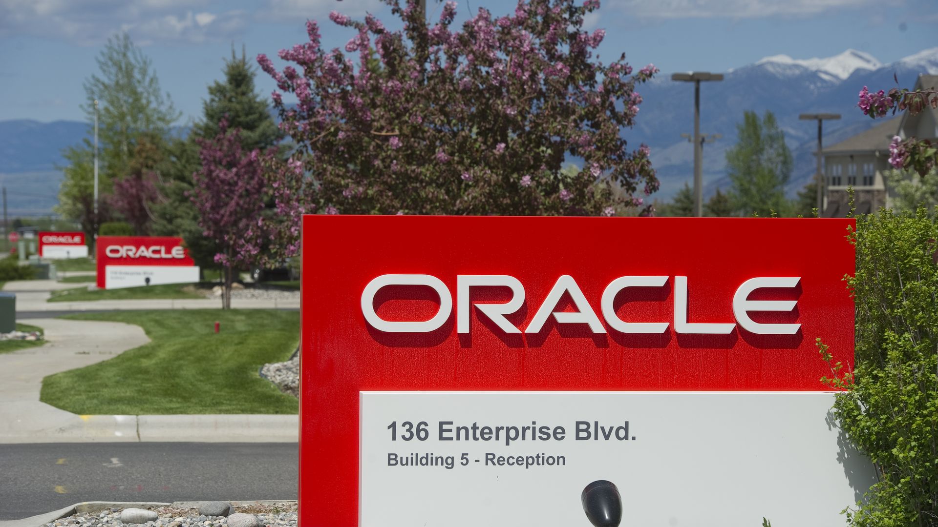 Photo of several Oracle signs on the the company's Bozeman, MT campus