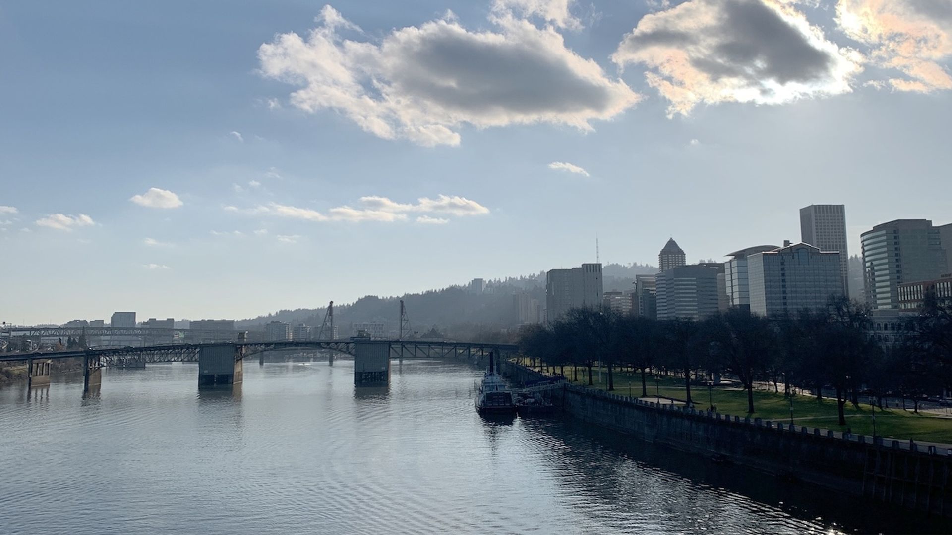A photo of a river, with a cityscape to the right.