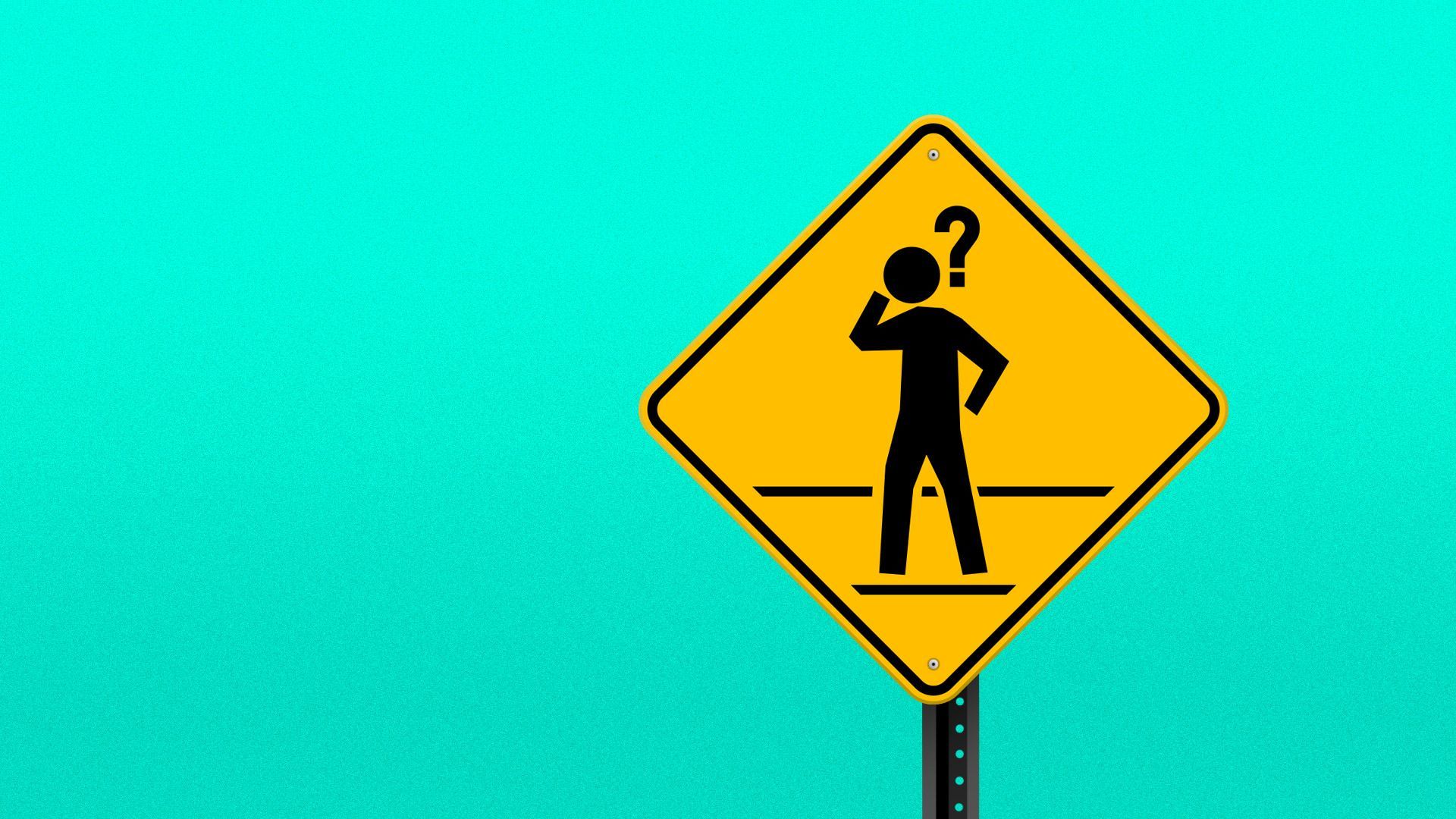 A pedestrian street sign featuring a puzzled pedestrian