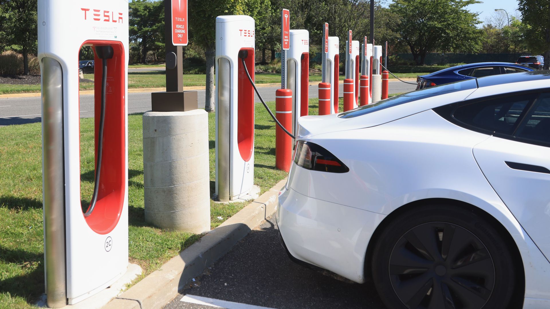 A general view of a Tesla car charging station on September 15, 2022 in Garden City.