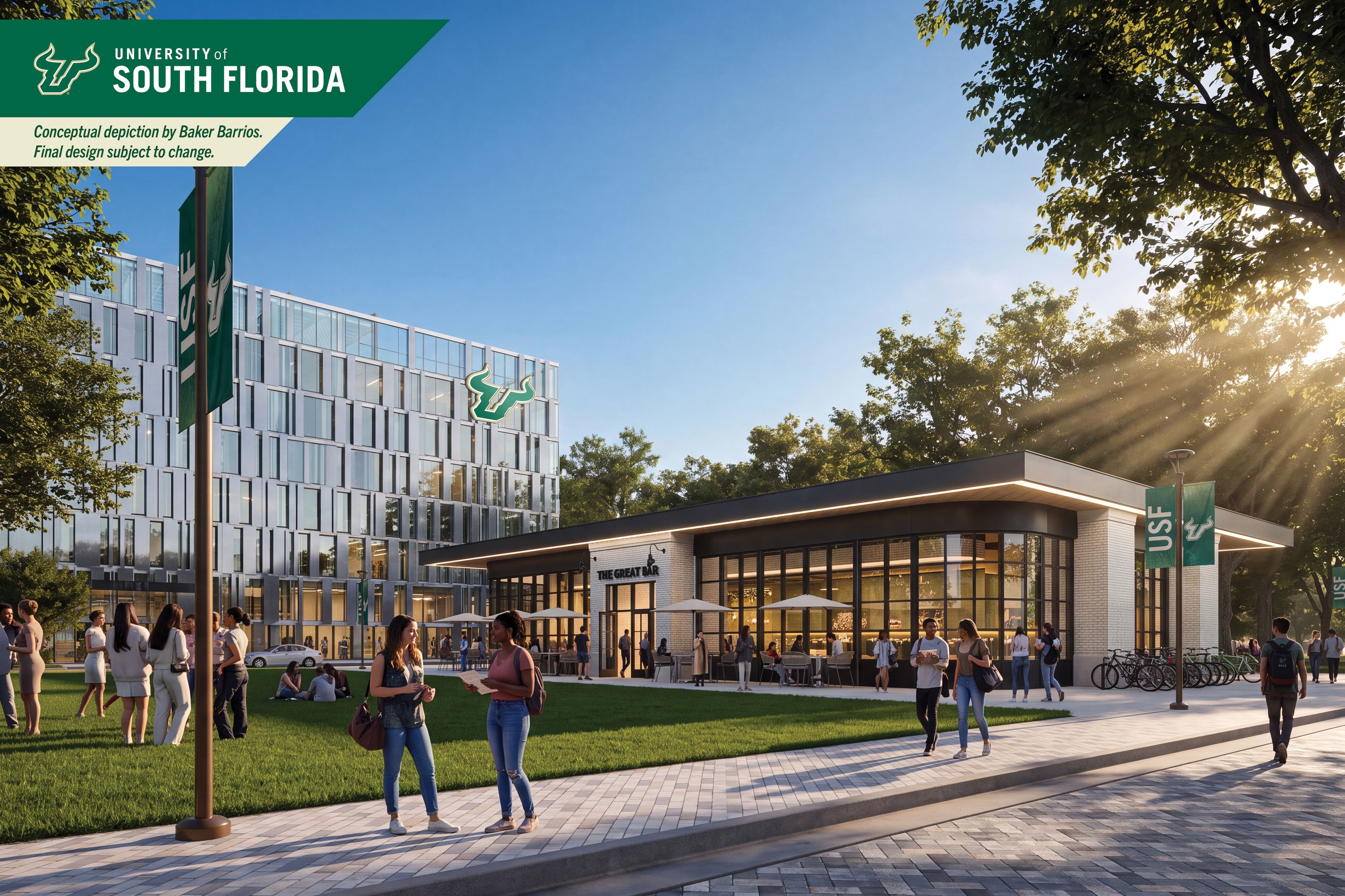 USF campus plaza with a modern glass building, green banners displaying the university logo, groups of people on the lawn, and sunlit trees framing the scene.