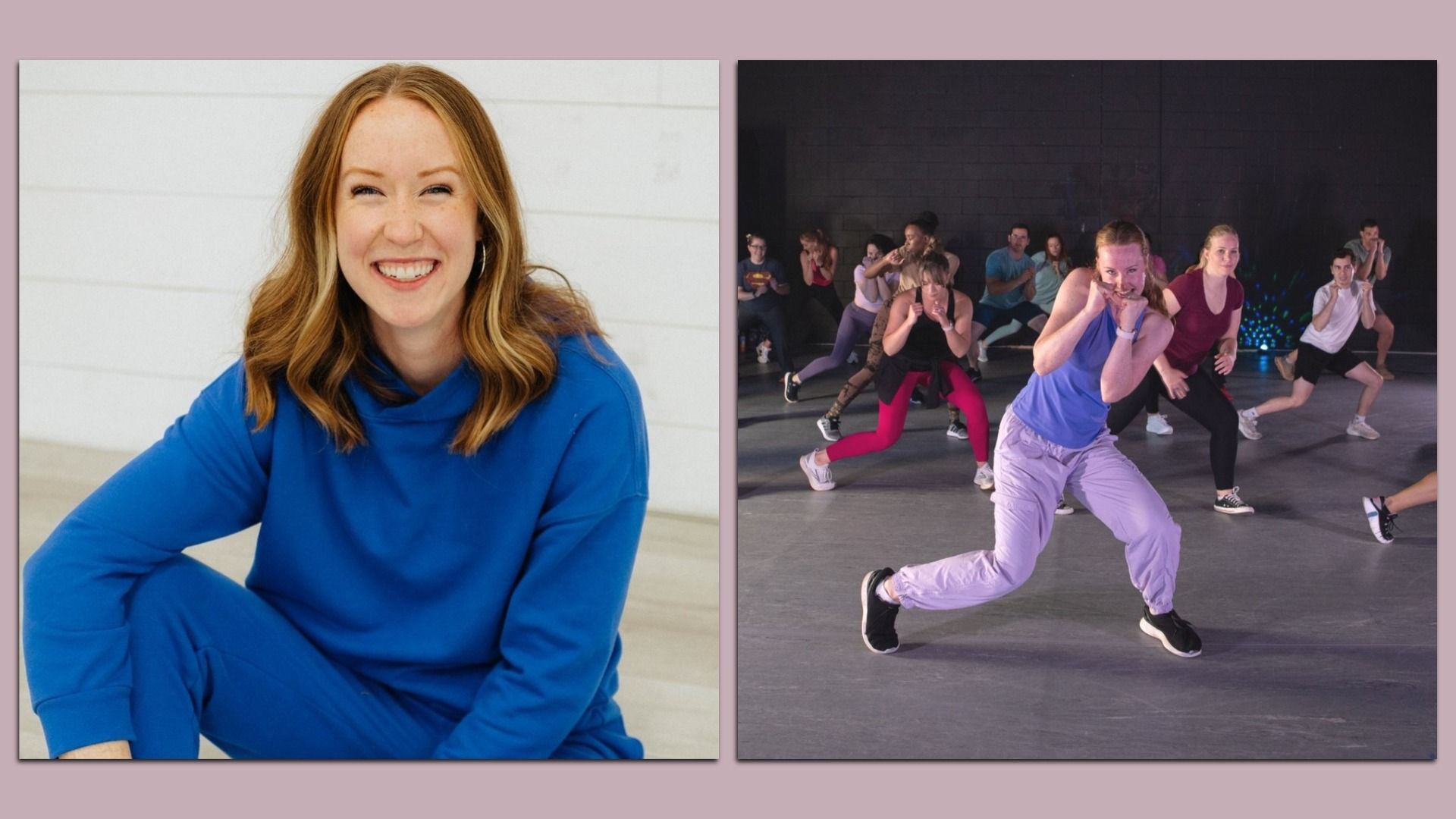 Two images side by side: left shows a smiling woman in a bright blue hoodie sitting against a white wall; right shows a group fitness class in a dark room, led by a woman in lavender pants and a blue tank top.
