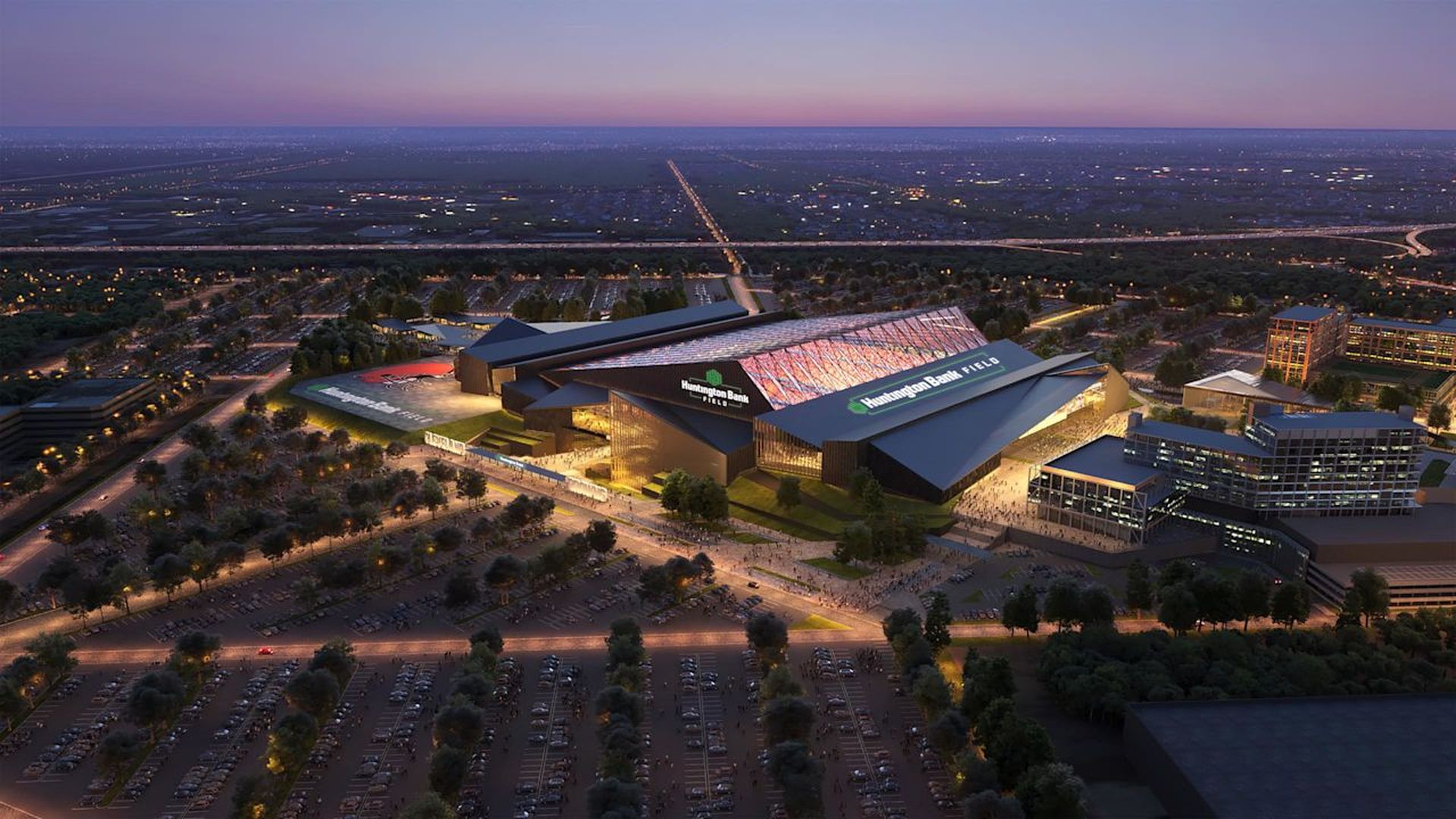 Aerial image of proposed Browns Stadium, at dusk 