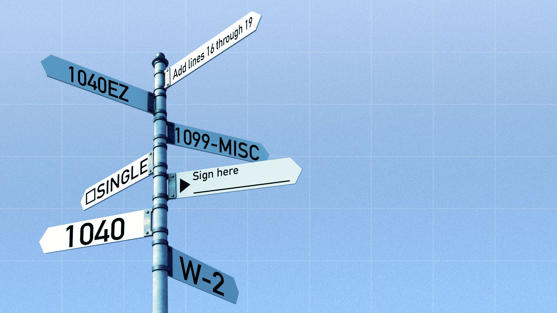 Illustration of a sign pointing in multiple directions featuring text from tax forms