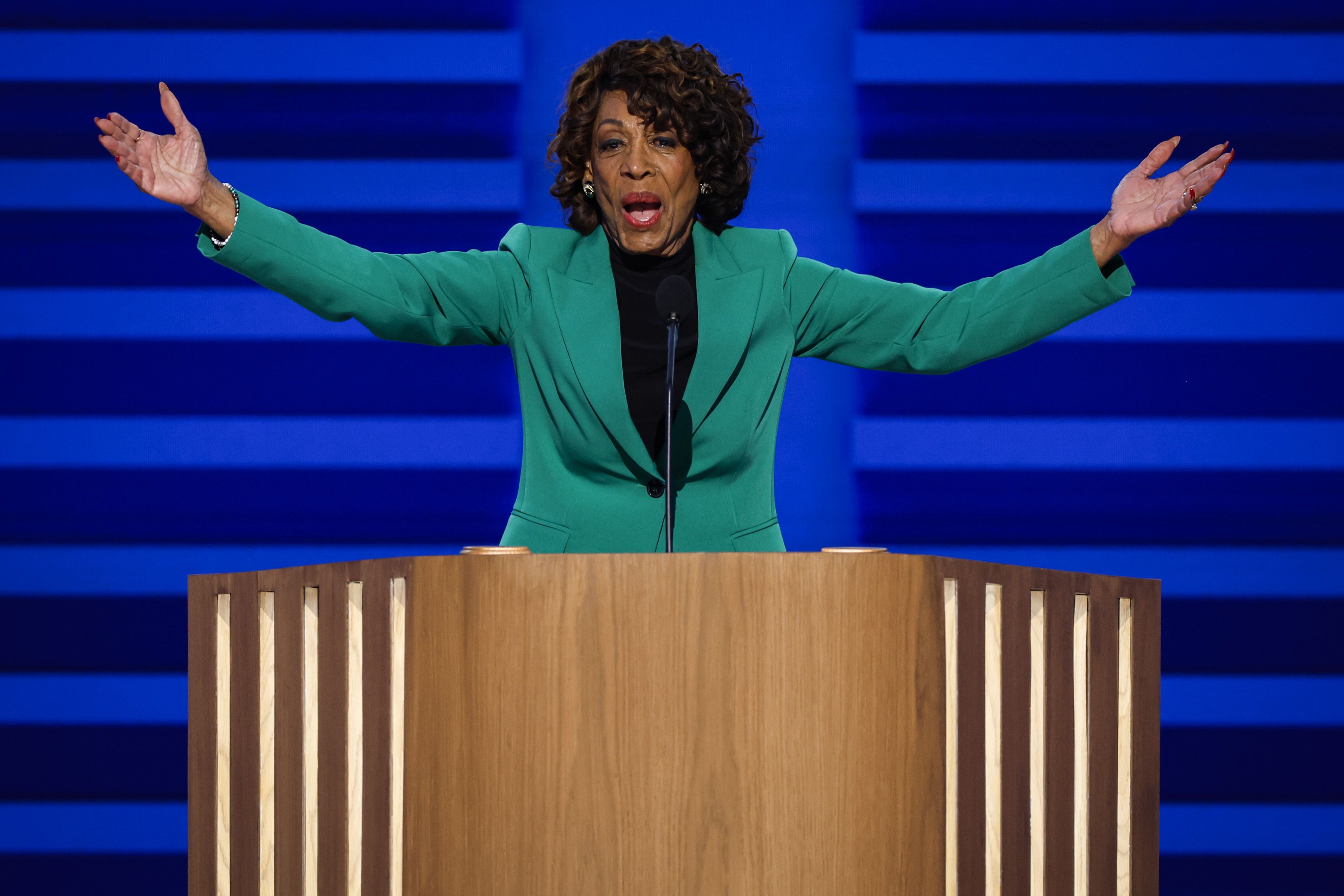 Rep. Maxine Waters (D-CA) speaks onstage during the first day of the Democratic National Convention at the United Center on August 19, 2024 in Chicago, Illinois. Delegates, politicians, and Democratic party supporters are in Chicago for the convention.
