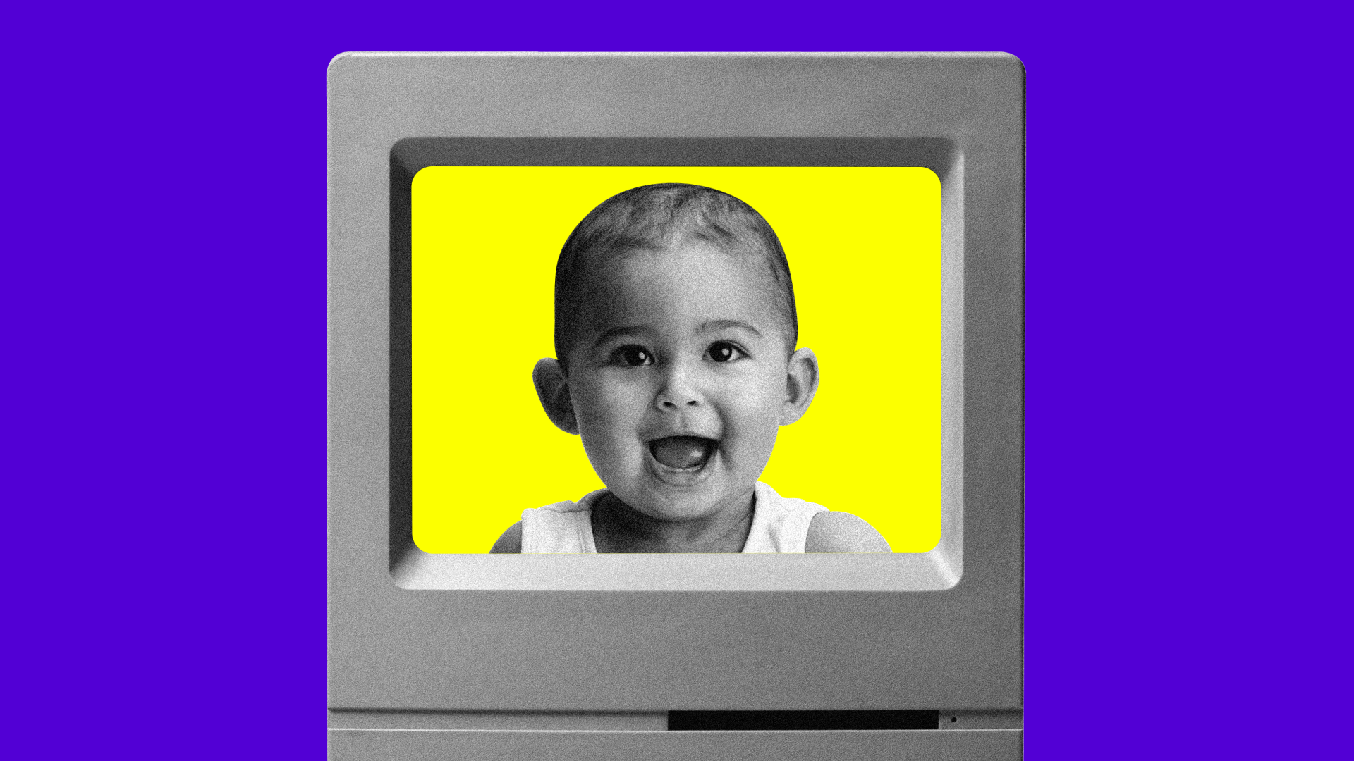 A computer with a toddler in the screen