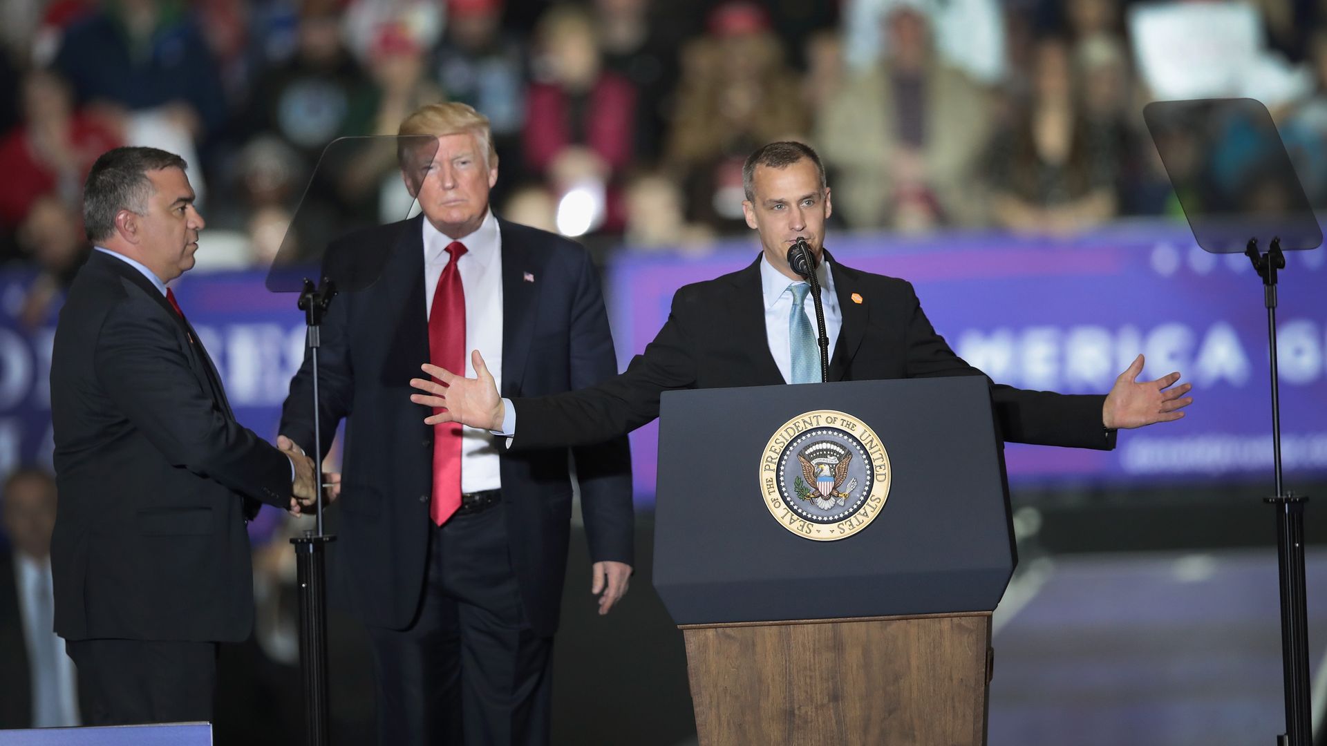Corey Lewandowski is seen with President Trump at a political rally in 2018.
