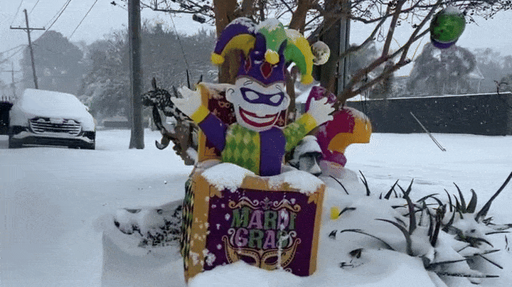 A Mardi Gras jester decoration in the snow.