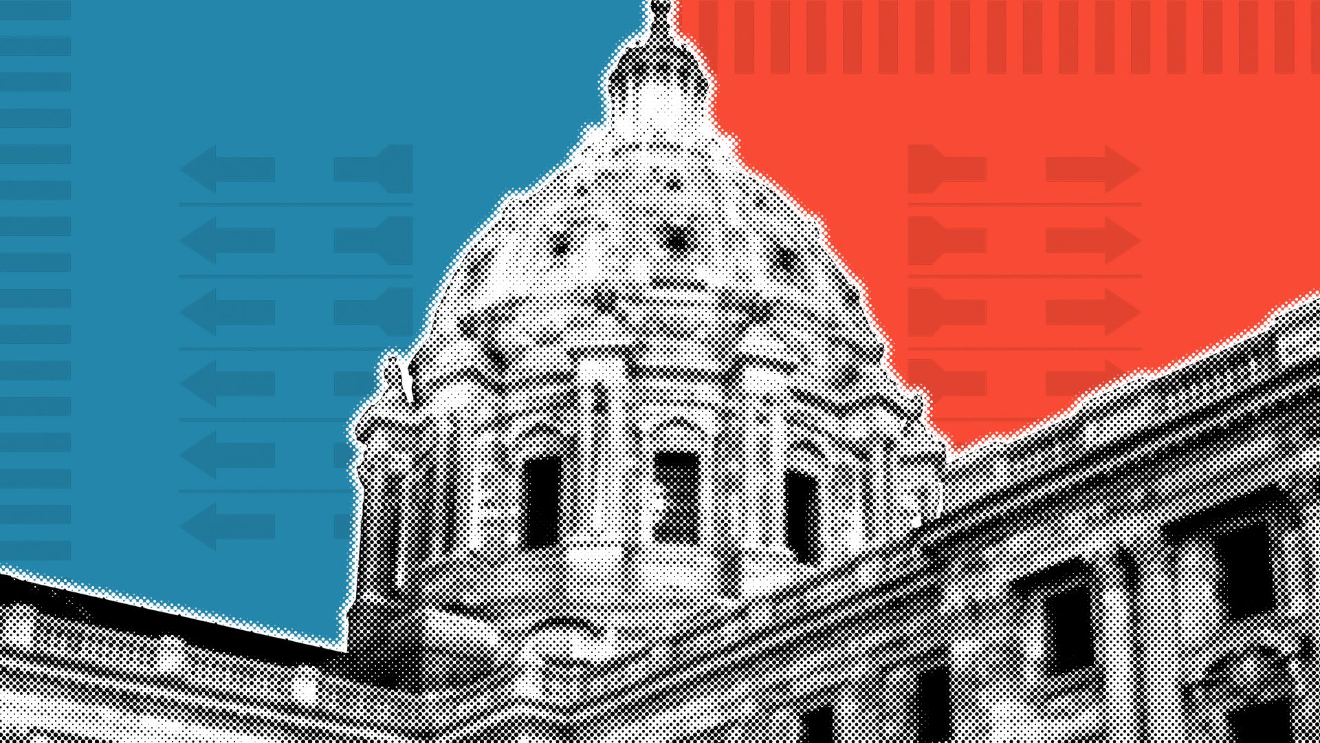 Illustration of the Minnesota State Capitol over a divided red and blue background with elements of ballots.