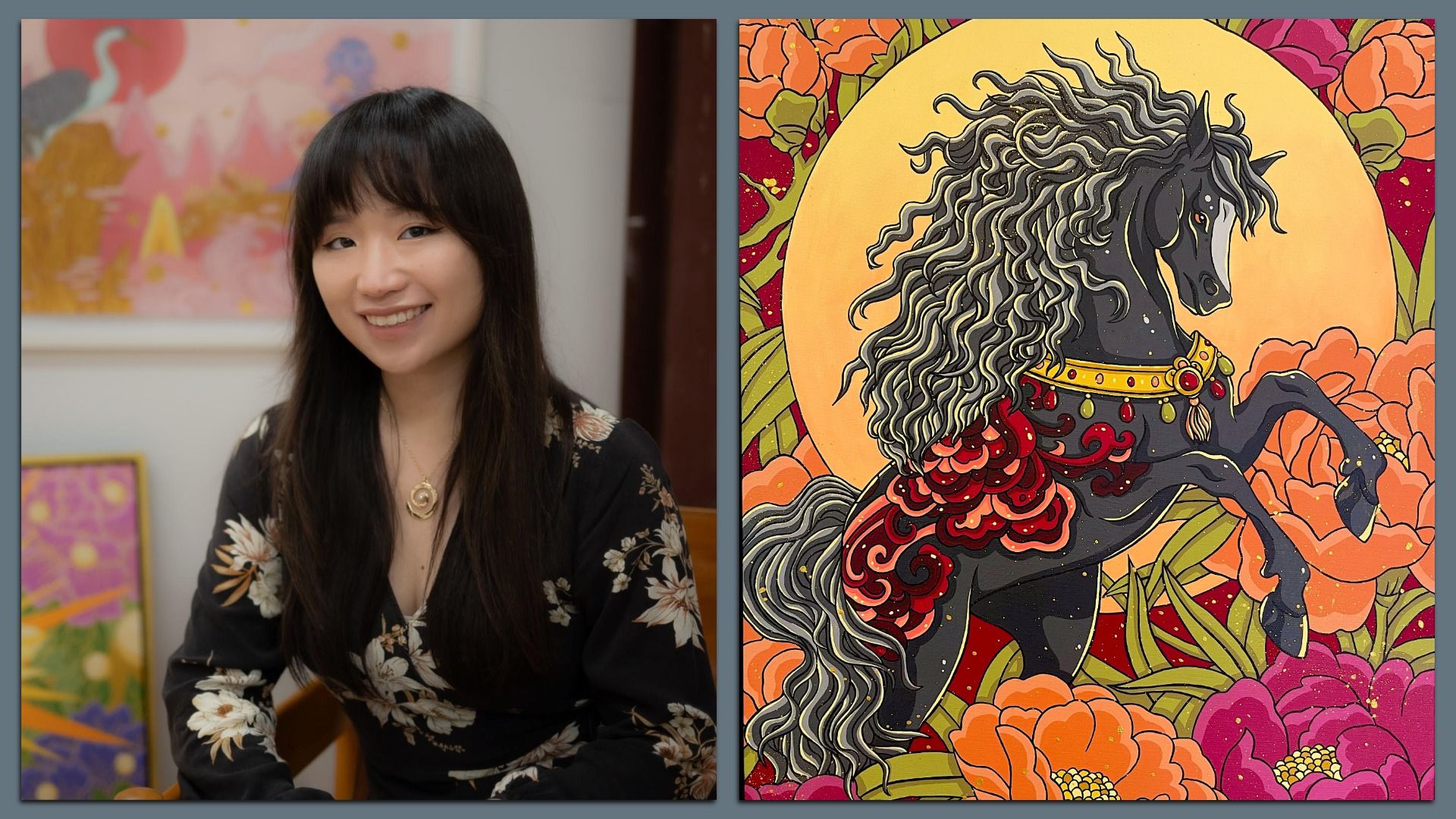 Left: smiling Asian woman with long black hair in a floral black top, indoors. Right: bold art of a black horse rearing against a yellow sun, surrounded by orange-pink flowers.