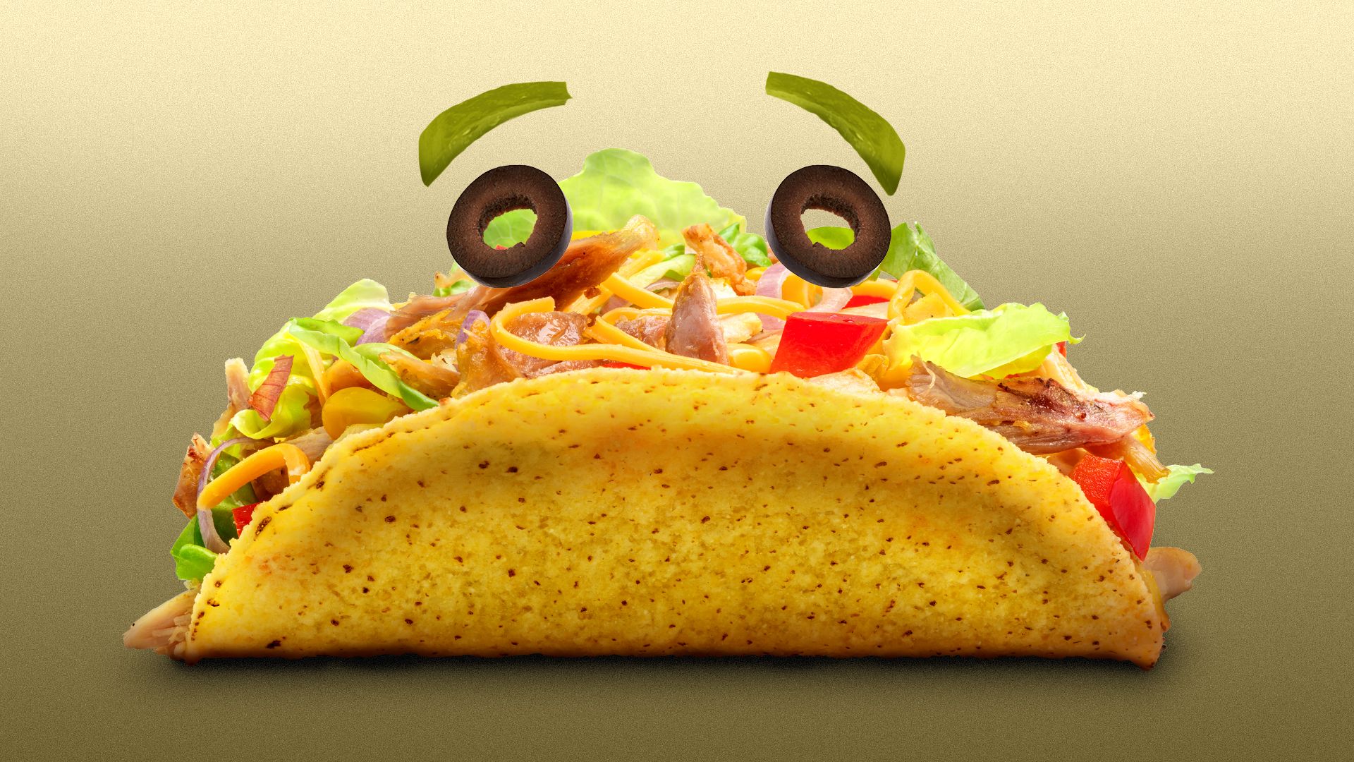 Illustration of a worried looking taco featuring olive eyes and pepper eyebrows