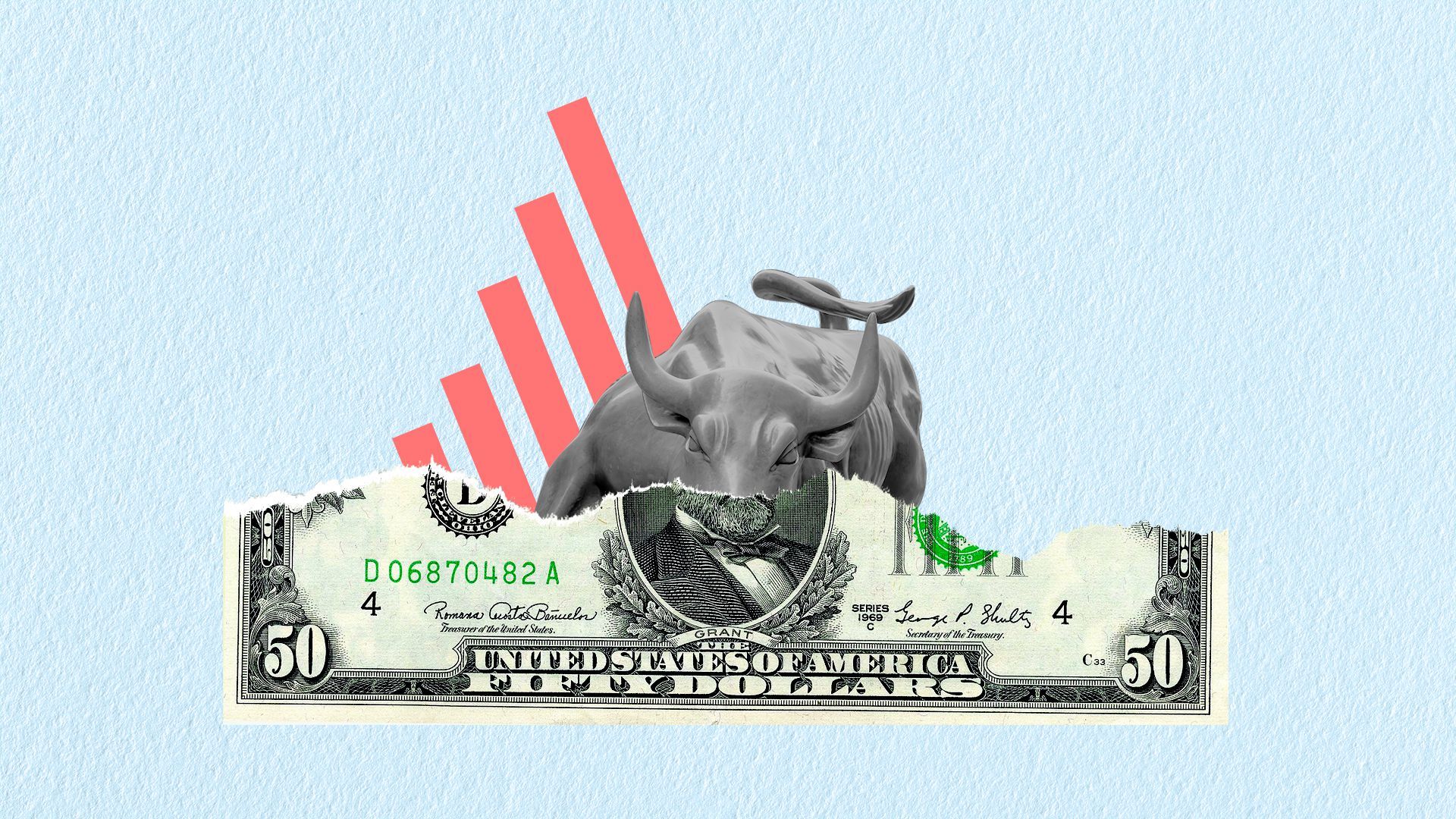 Illustration of a Bull behind a torn dollar bill, with upward trending bar lines in the background.