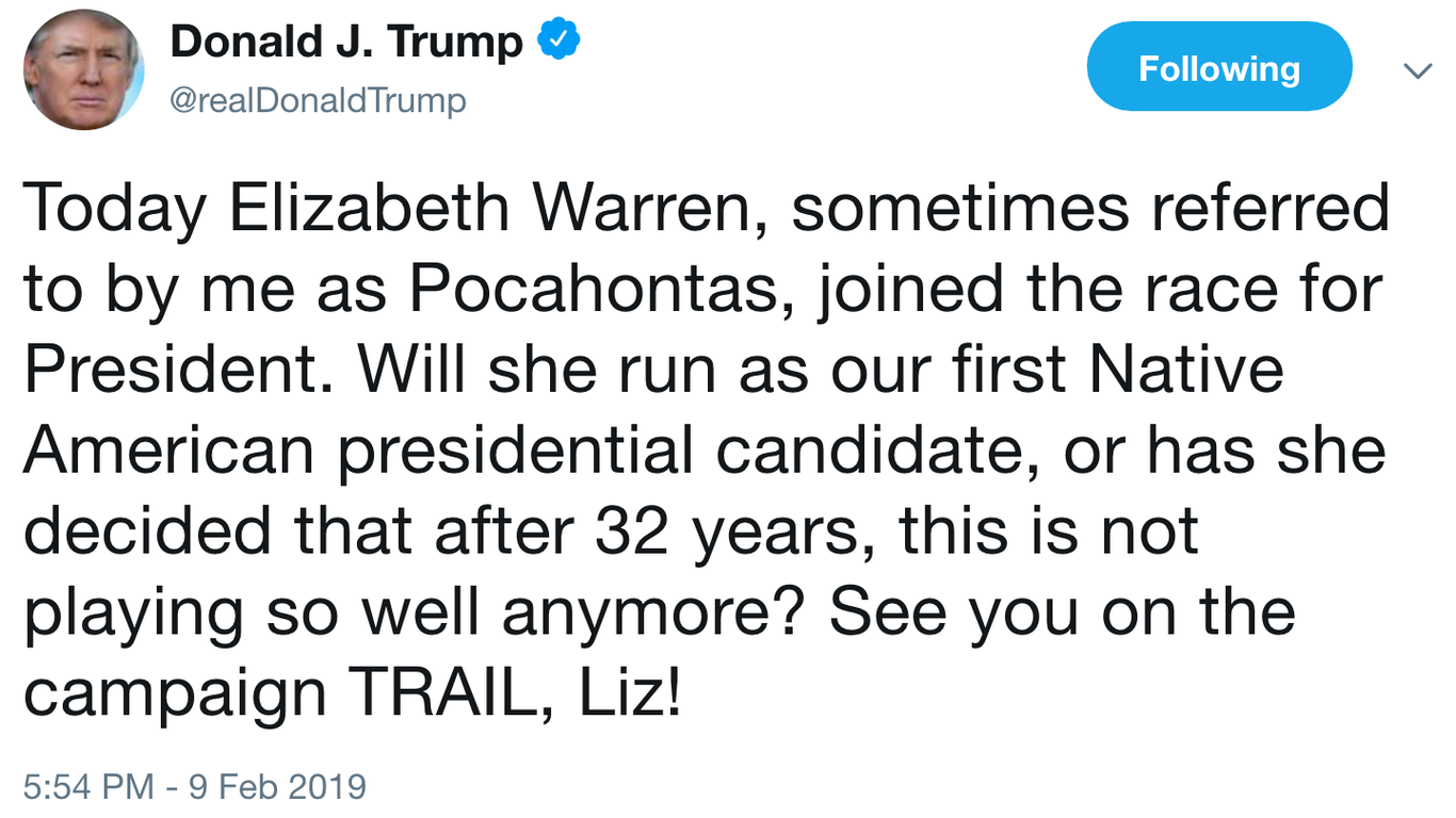 Trump Resurrects Pocahontas Insult For Warrens 2020 Launch 3479