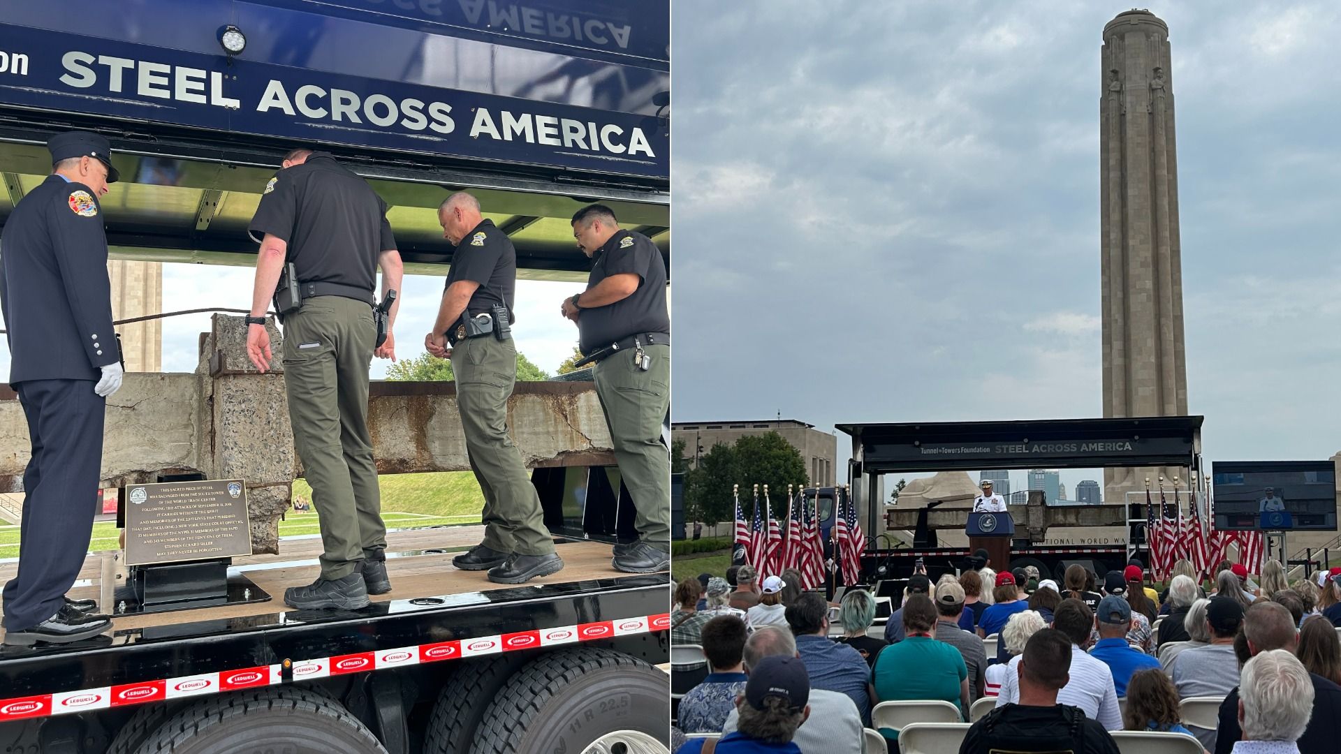 Split image: left shows four uniformed officers on a mobile stage beneath a blue banner reading STEEL ACROSS AMERICA. Right shows a tall monument with a crowd and many American flags.