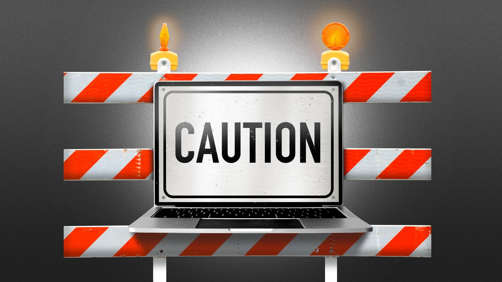 Illustration of a road construction sign featuring a laptop that reads "warning" on the screen