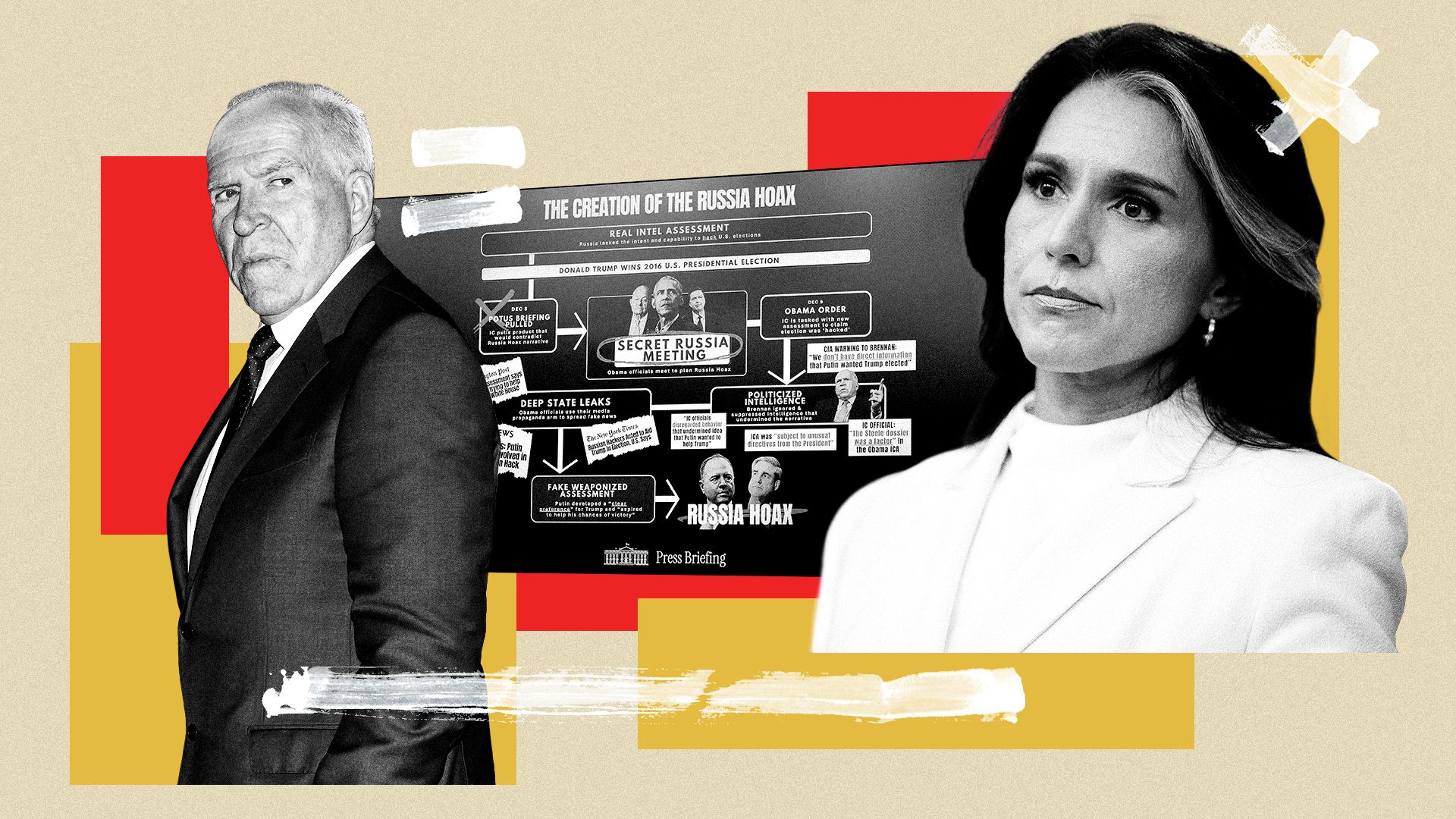 Photo illustration of John O. Brennan, a diagram labelled "The Creation of the Russia Hoax" and Director of National Intelligence Tulsi Gabbard over abstract shapes and painted marks.