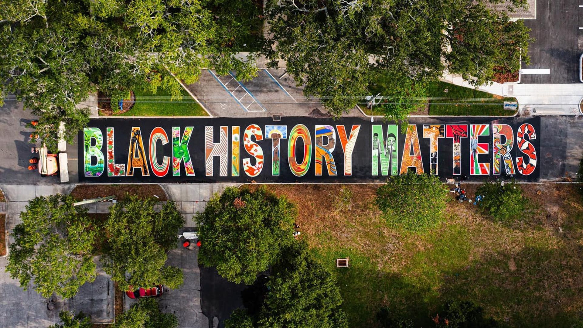 A colorful street mural photographed from above that reads "Black History Matters."