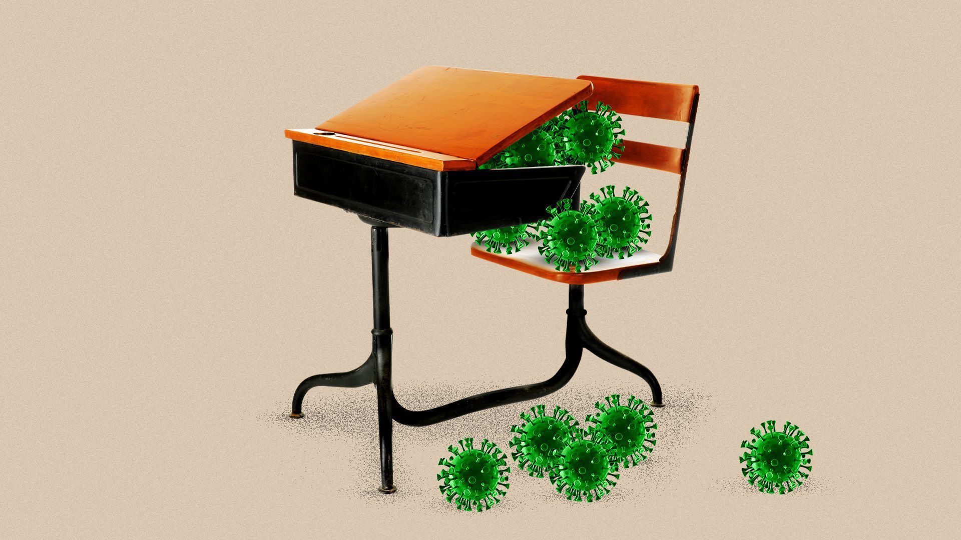 A school desk with COVID-19 virus pouring out.