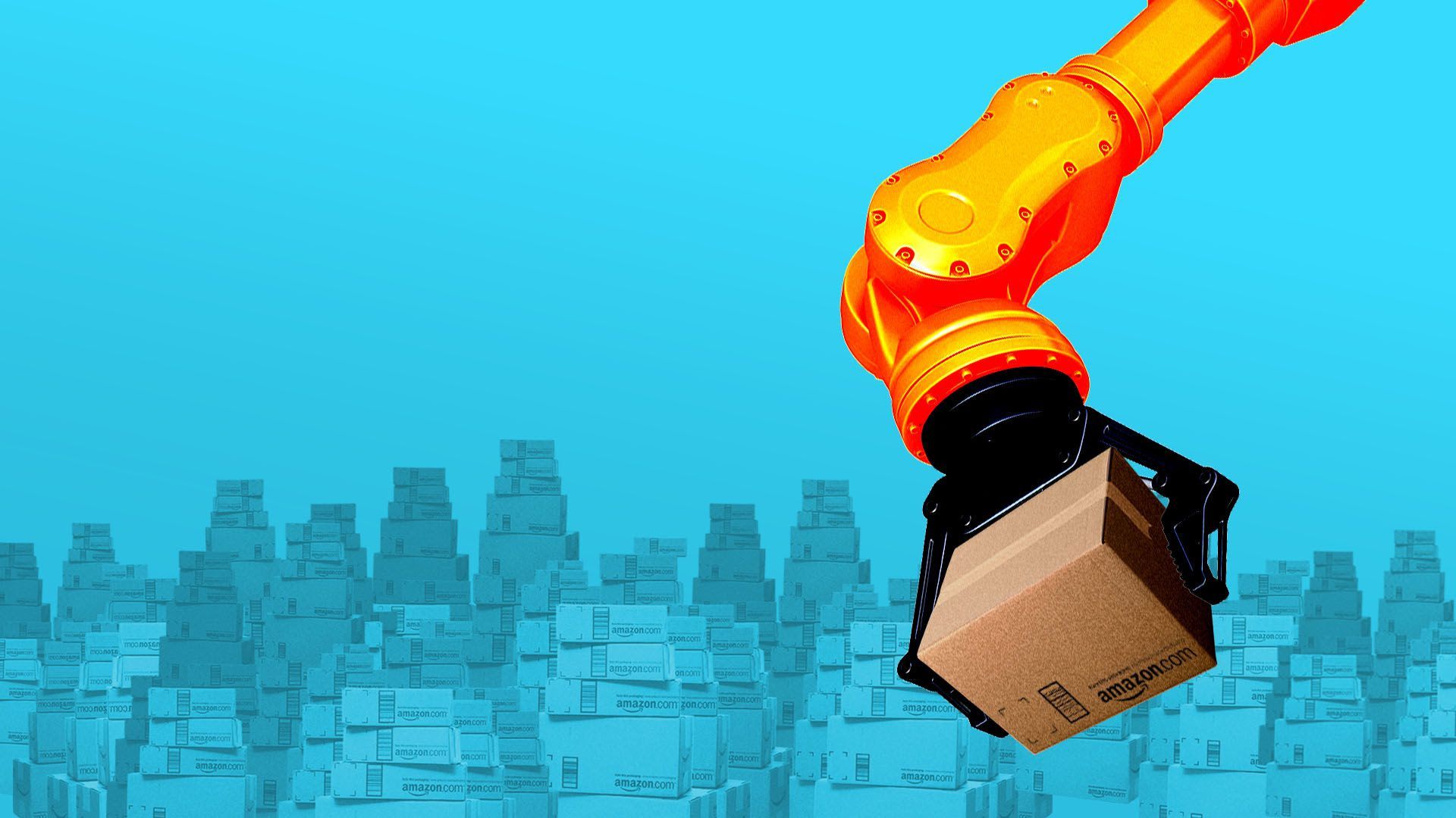 Illustration of a robotic arm moving a package in an Amazon warehouse.