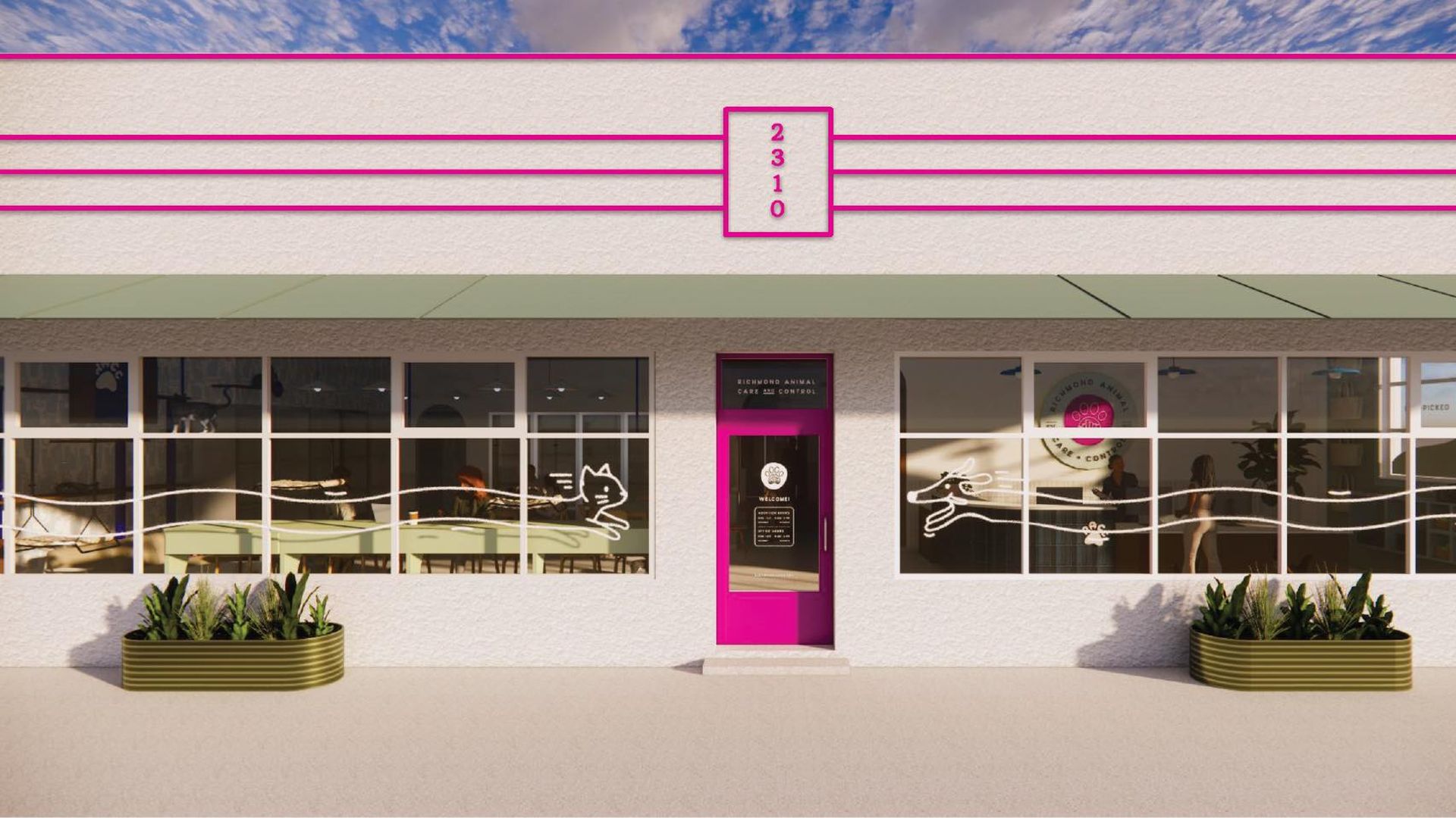 Beige storefront with bright pink trim, magenta door, and a vertical sign showing 2 3 1 0. Pink lines span the facade; large windows reveal cat drawings inside and two planters outside.