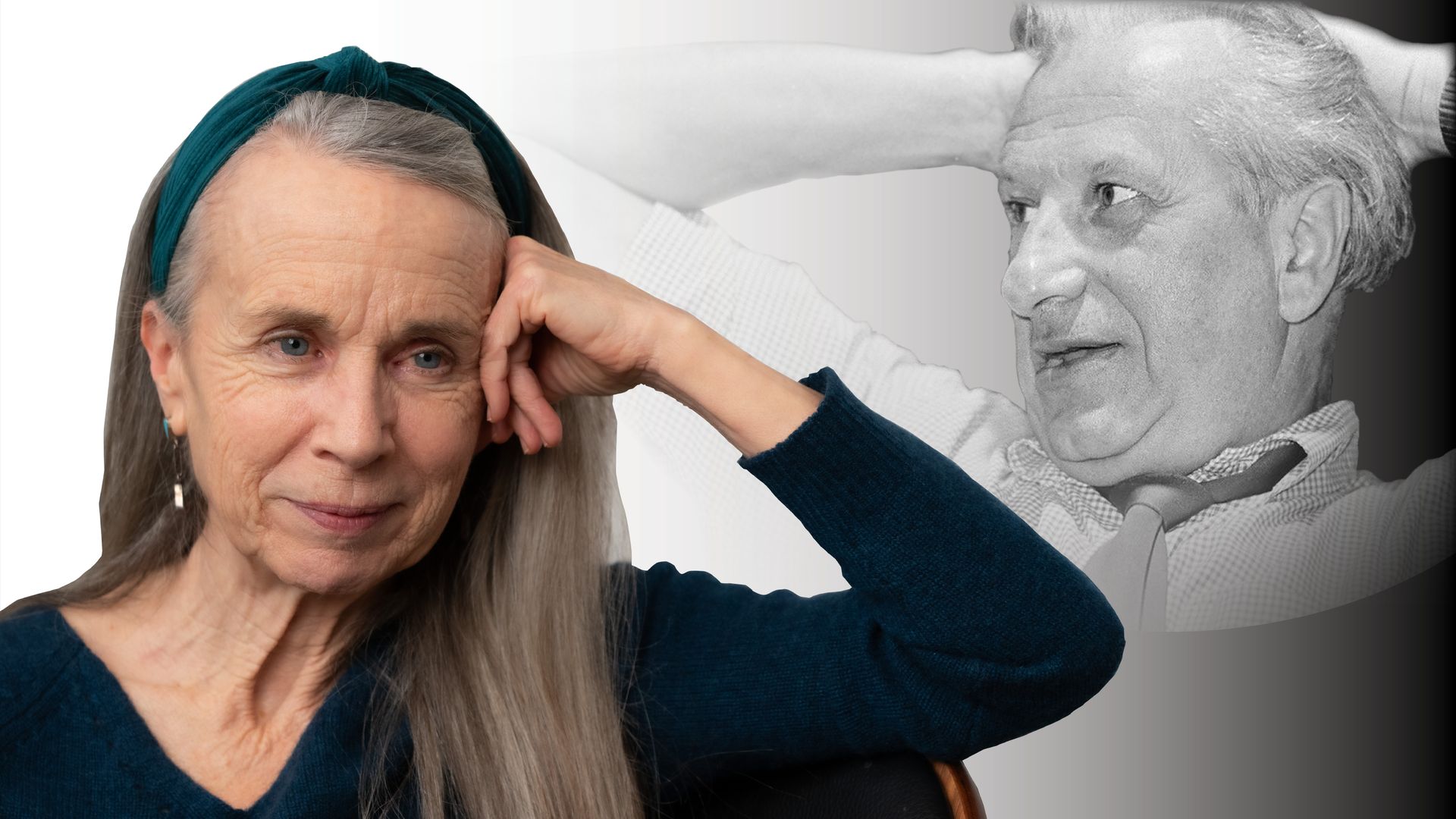 woman next to black and white image of a man