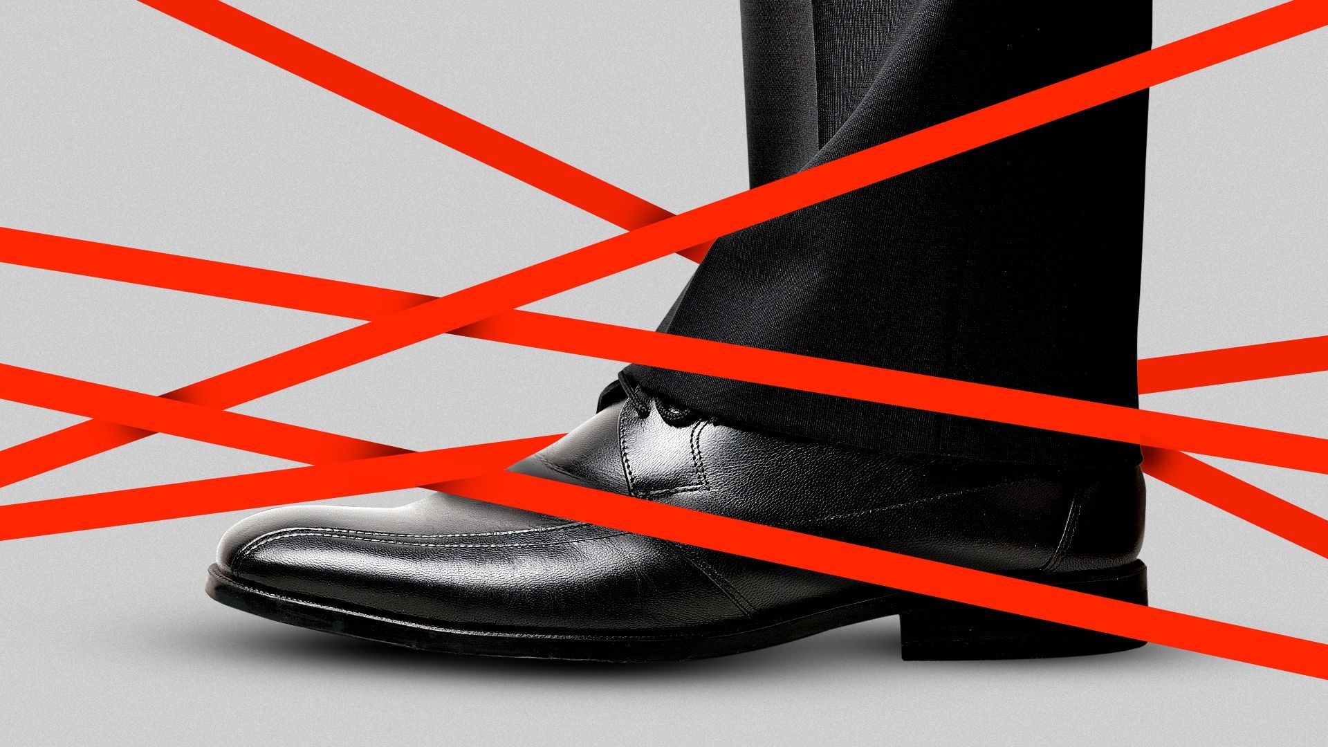 Illustration of a large shoe surrounded by red tape. 
