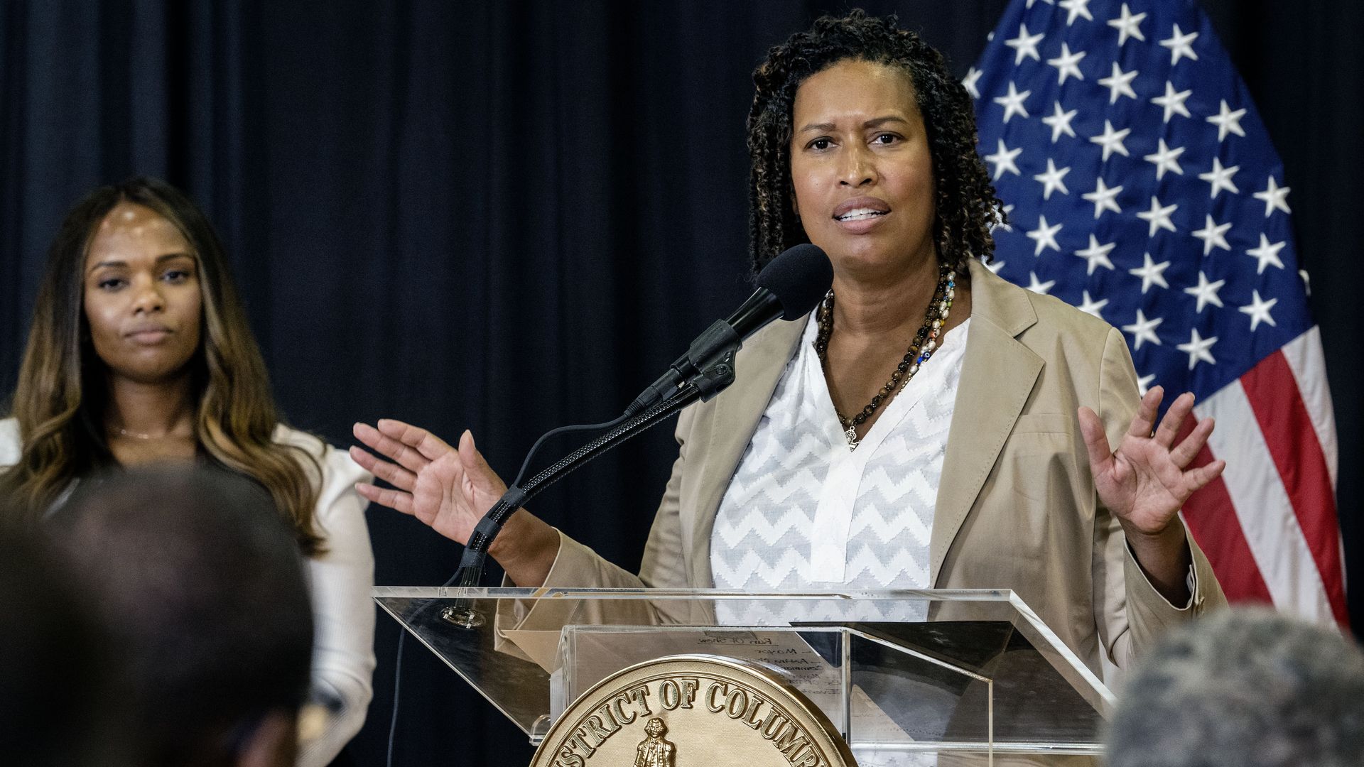 Mayor Muriel Bowser speaks at a podium