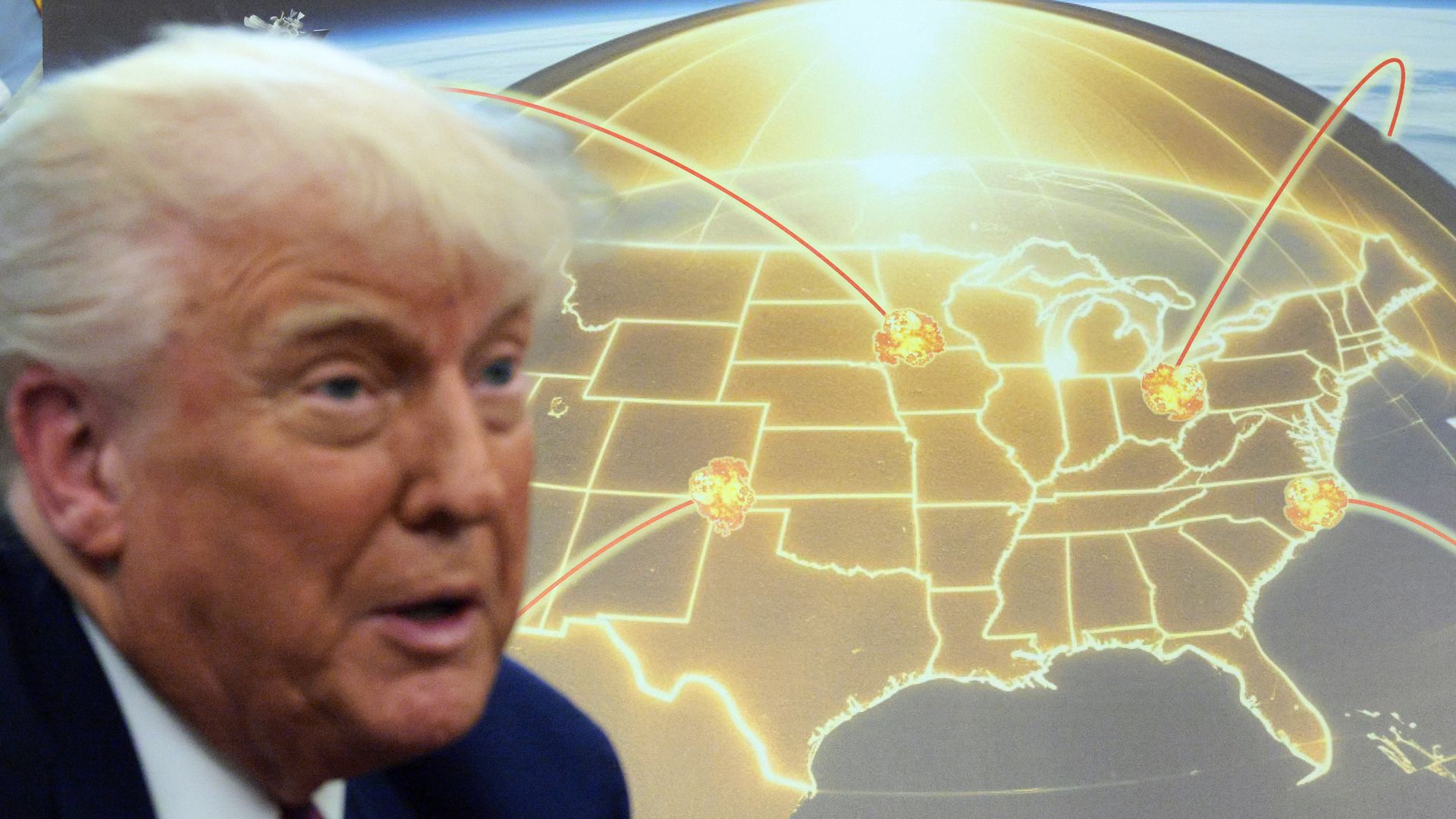 President Trump, in a suit, is in the foreground. The background is filled with a missile defense chart, gold in color.